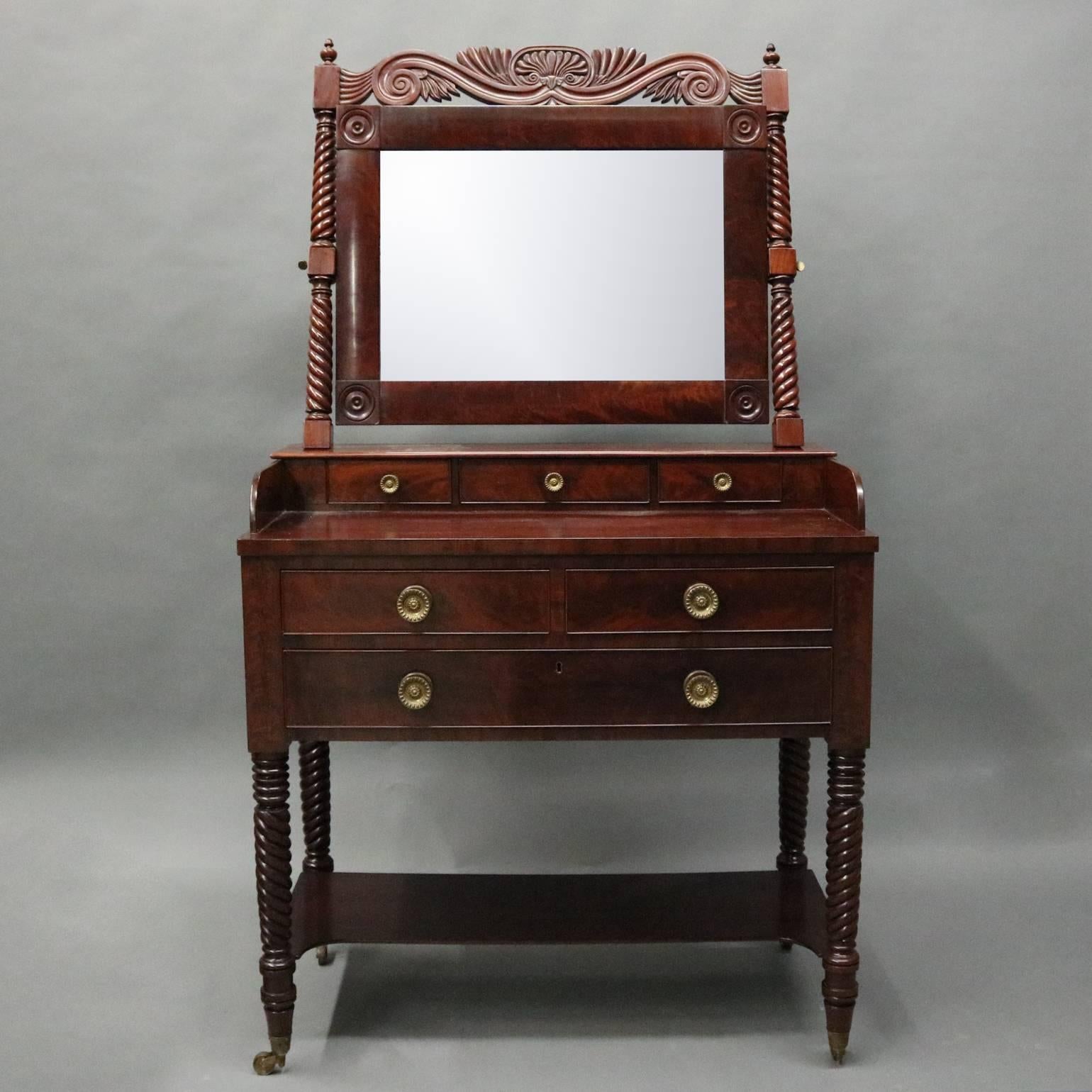 American Antique Carved Flame Mahogany and Bronze Sheraton Mirrored Vanity, circa 1820