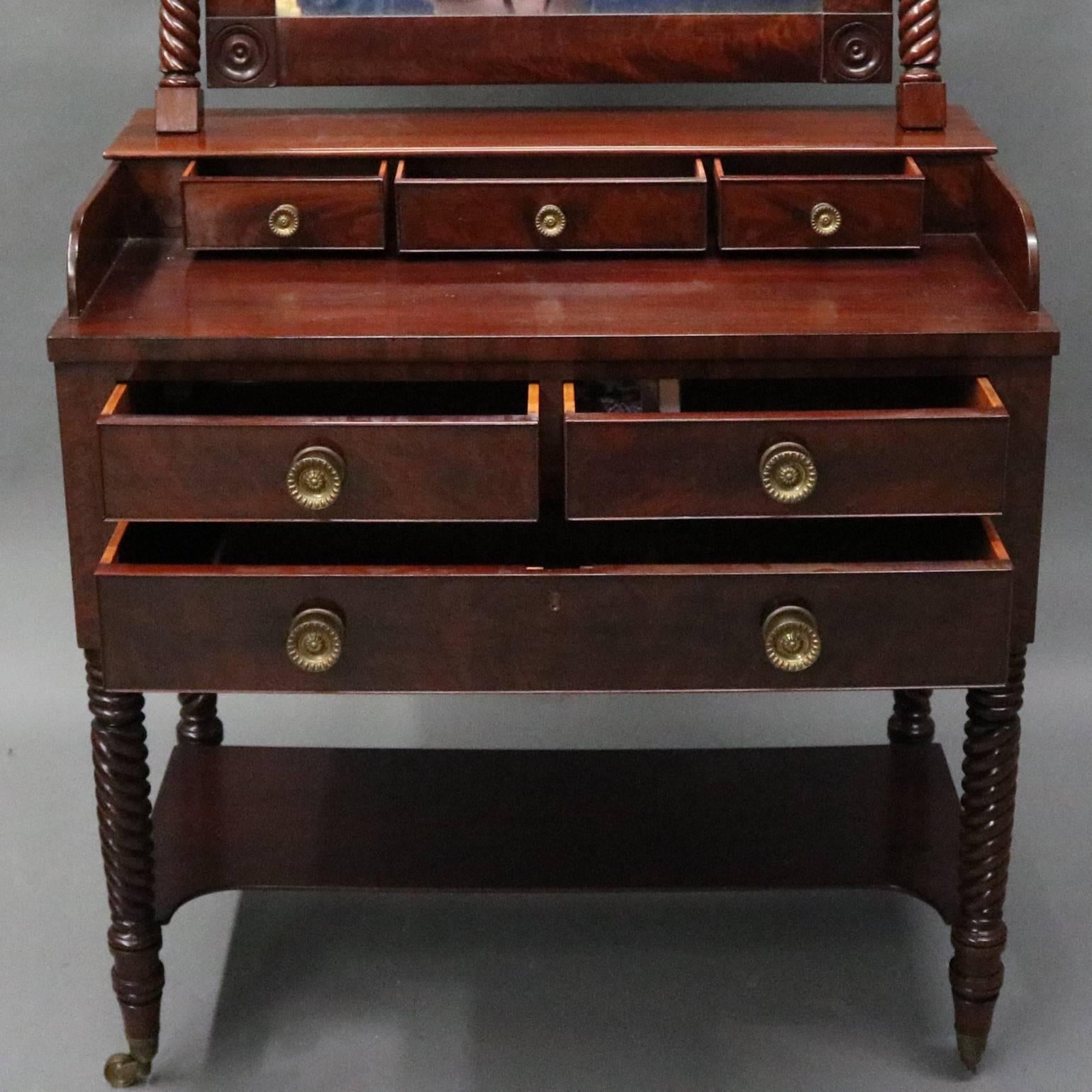 19th Century Antique Carved Flame Mahogany and Bronze Sheraton Mirrored Vanity, circa 1820
