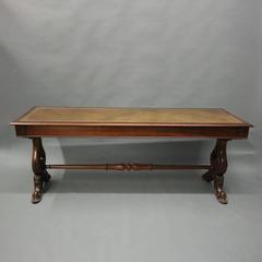 Antique English Georgian Style Carved Mahogany Leather Top Library Table
