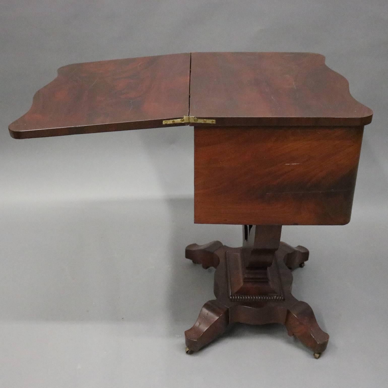 19th Century Antique Flame Mahogany Front Two-Drawer Flip-Top Sewing Stand, circa 1880