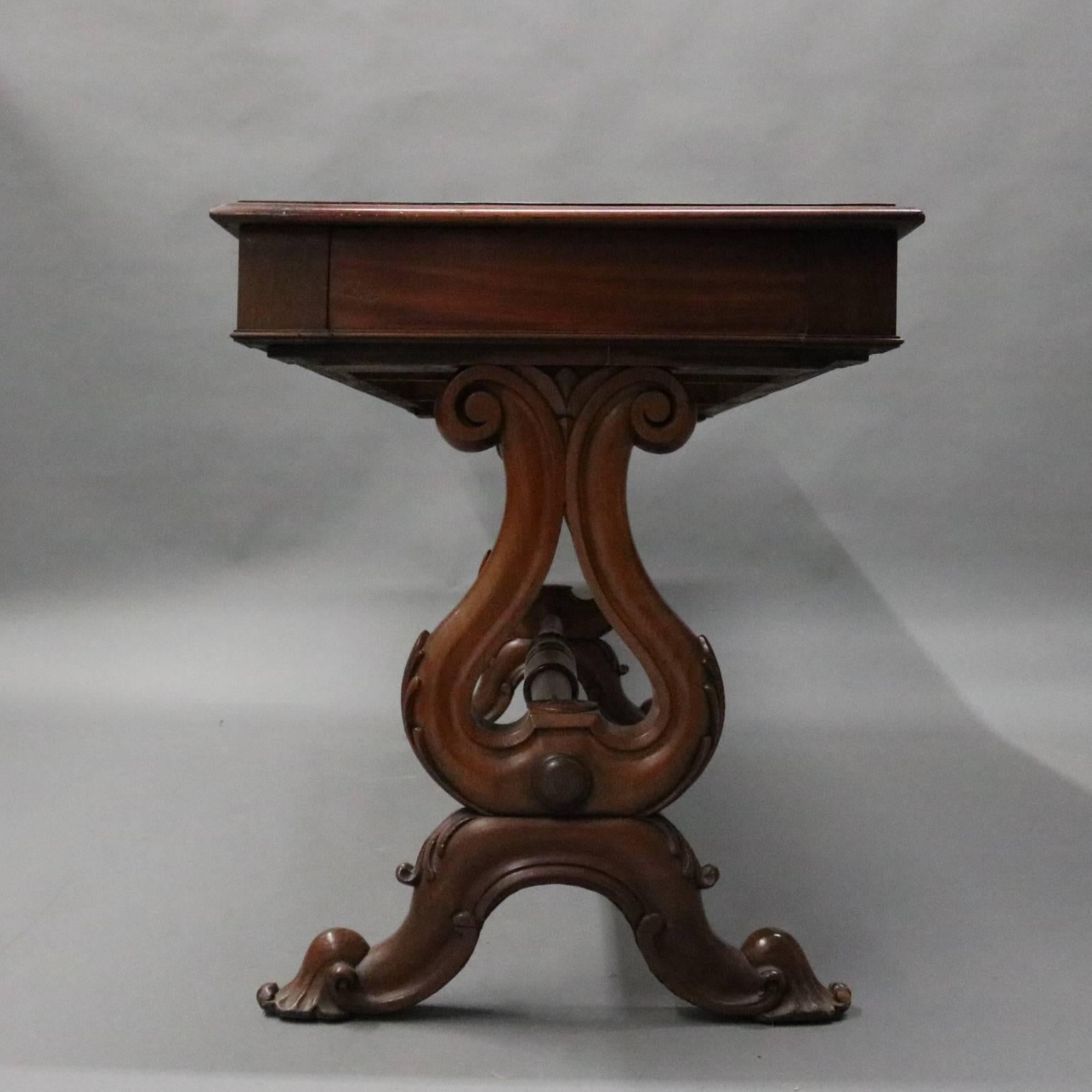 Antique Flame Mahogany Front Two-Drawer Flip-Top Sewing Stand, circa 1880 In Good Condition In Big Flats, NY
