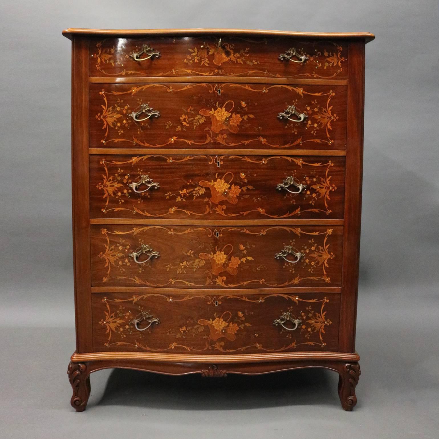 Antique R.J Horner & Co., New York, mahogany high chest features satinwood floral and foliate marquetry and banding with mother-of-pearl inlay with banded top, seated on carved acanthus and scroll cabriole legs, foliate gilt bronze pulls, circa