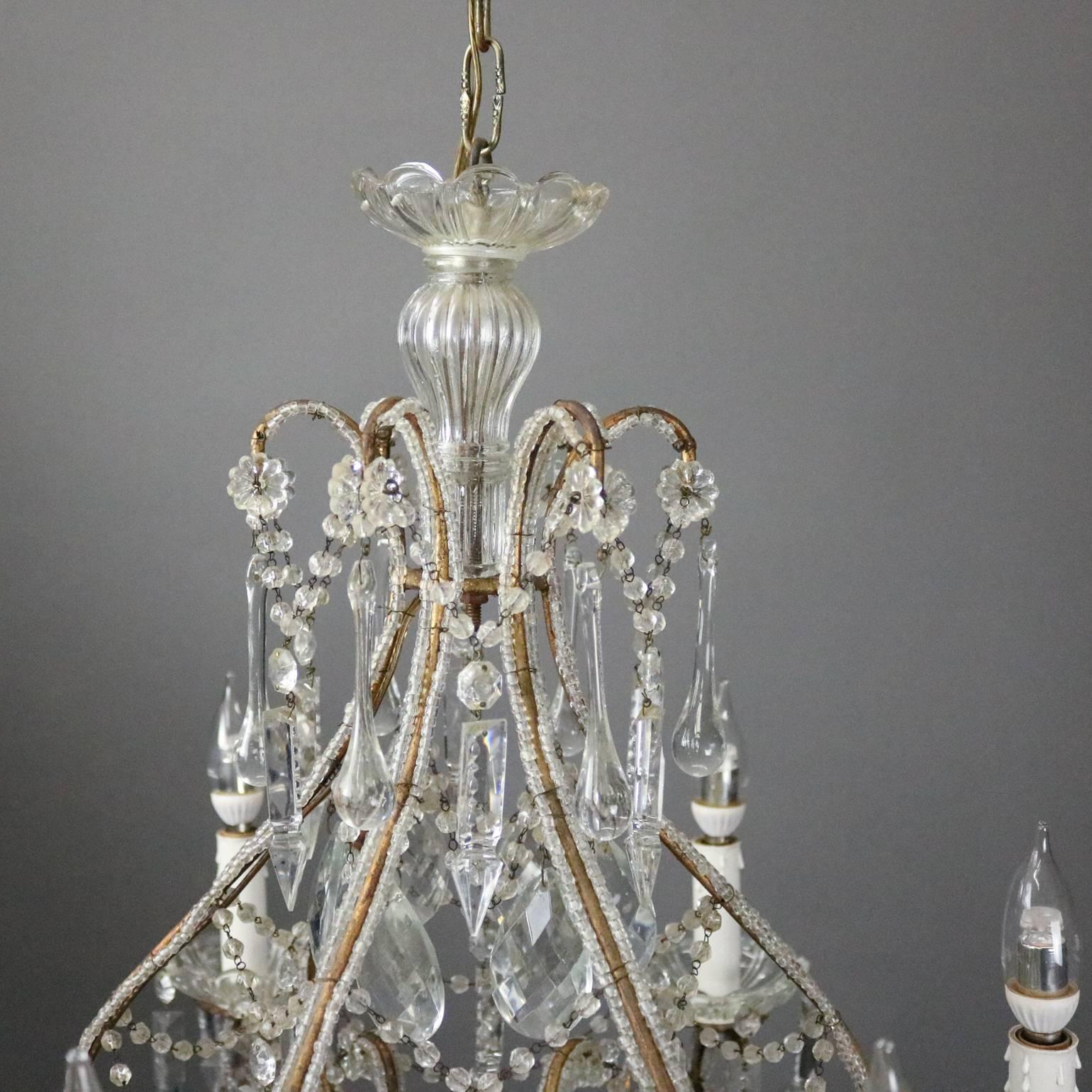 Antique French Style Cut Glass and Bronze Six-Light Chandelier, circa 1930 In Good Condition In Big Flats, NY