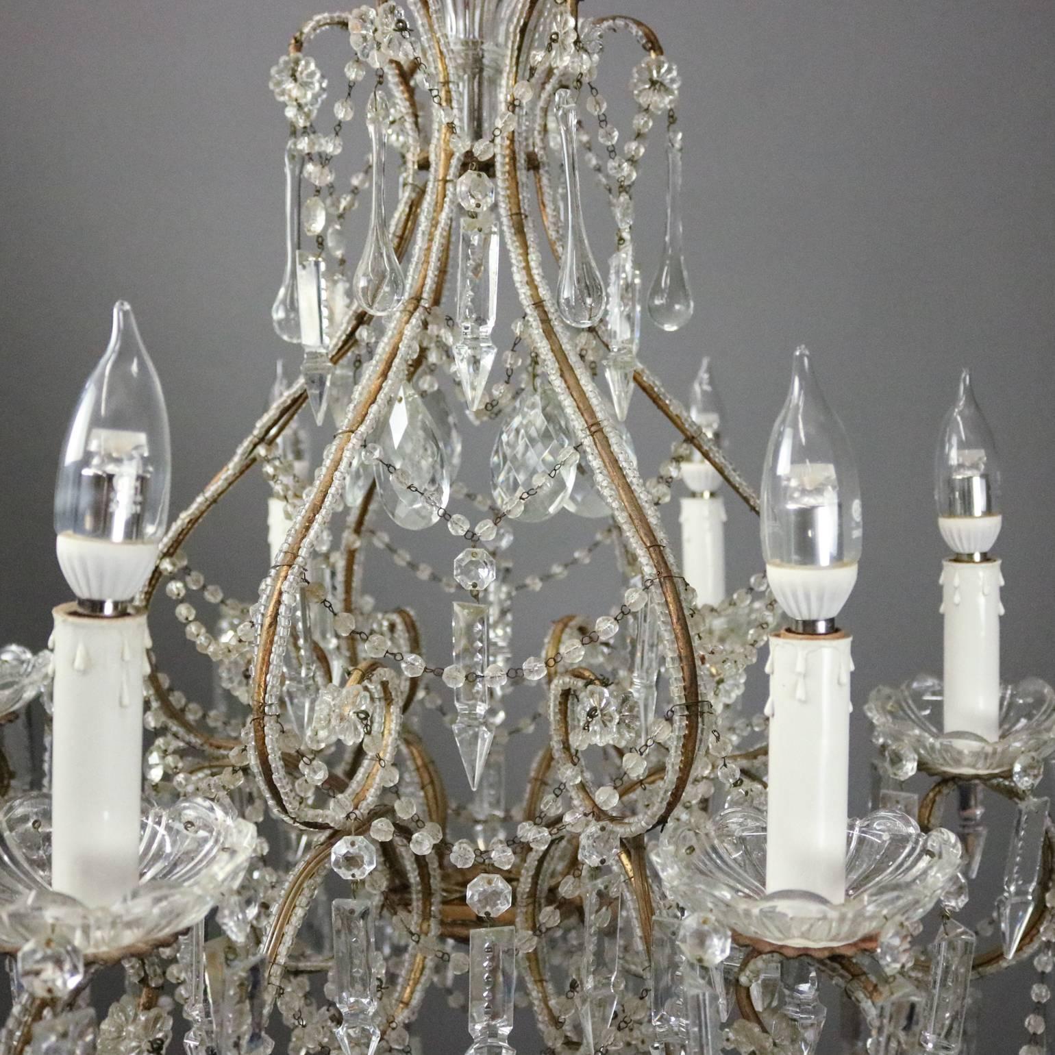 20th Century Antique French Style Cut Glass and Bronze Six-Light Chandelier, circa 1930