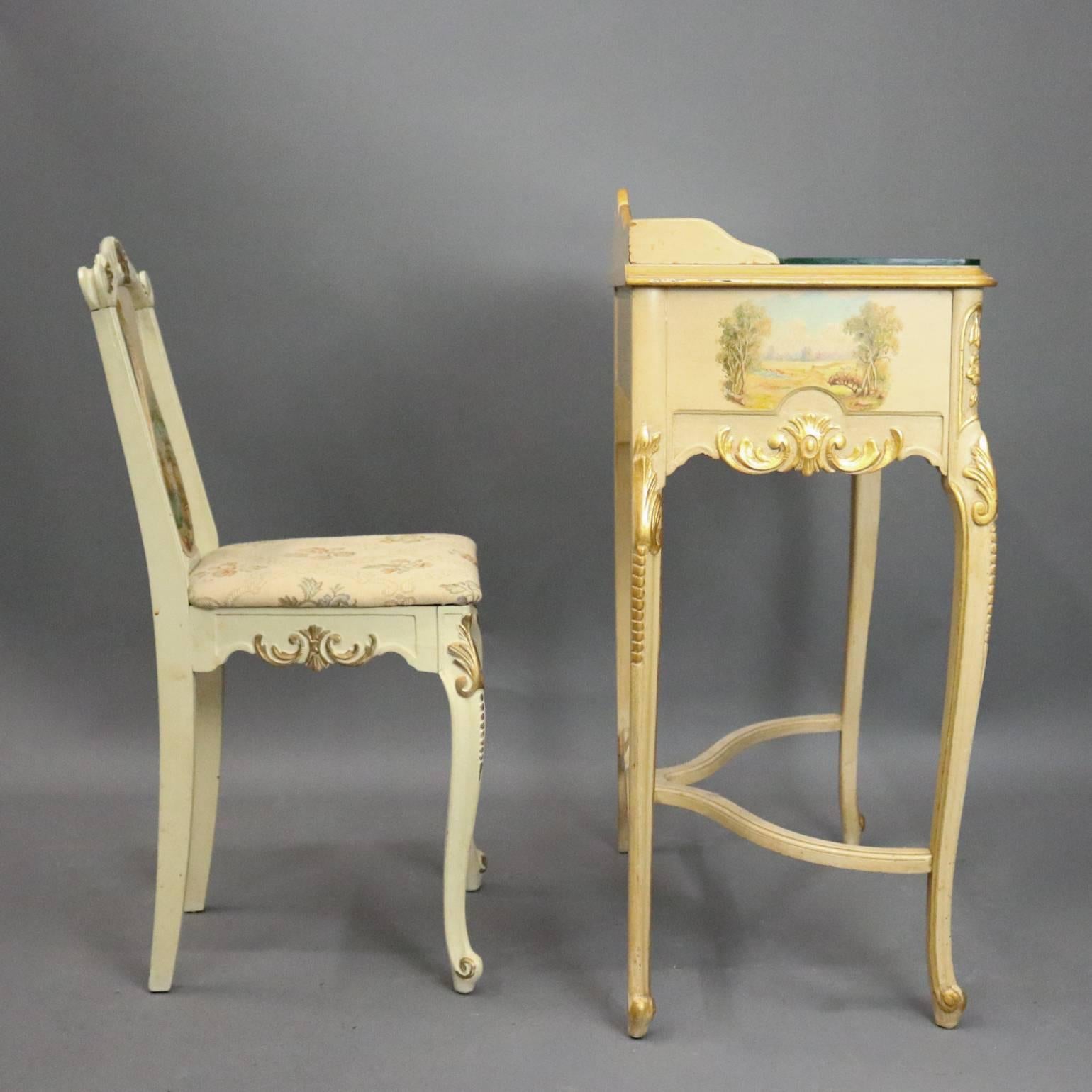 Antique French Provincial ladies desk features gilt decorated painted wood construction with gilt highlighted acanthus, shell and rosettes decoration, Vernis Martin hand-painted countryside scenes on top and sides with harbour scenes on matching