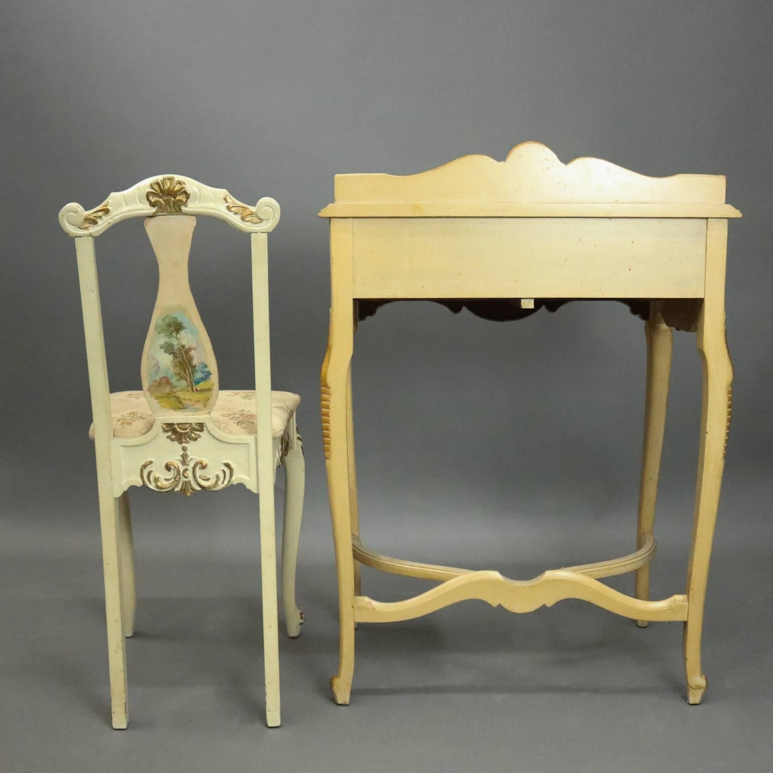 Hand-Painted Antique French Provincial Vernis Martin Painted Lady's Desk and Chair, c1880