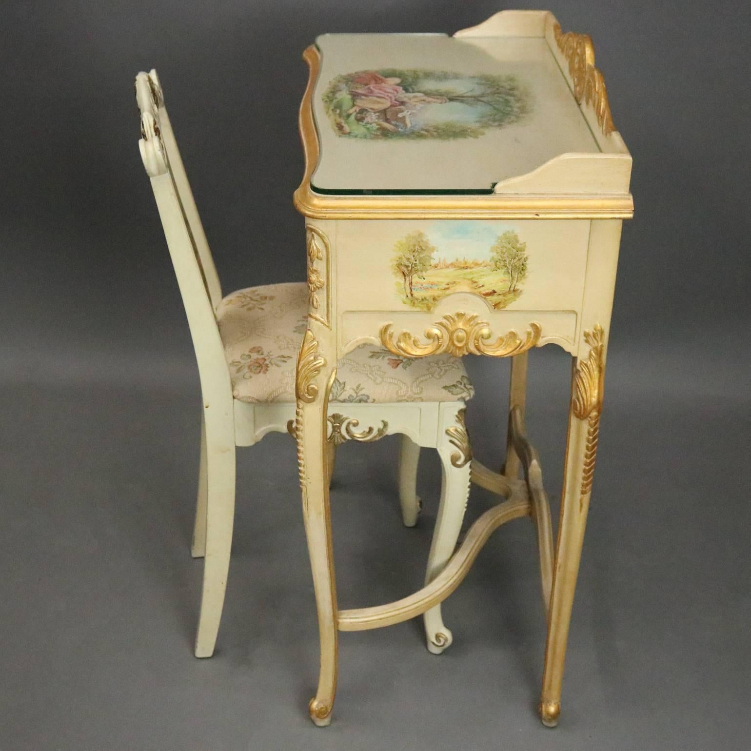 19th Century Antique French Provincial Vernis Martin Painted Lady's Desk and Chair, c1880