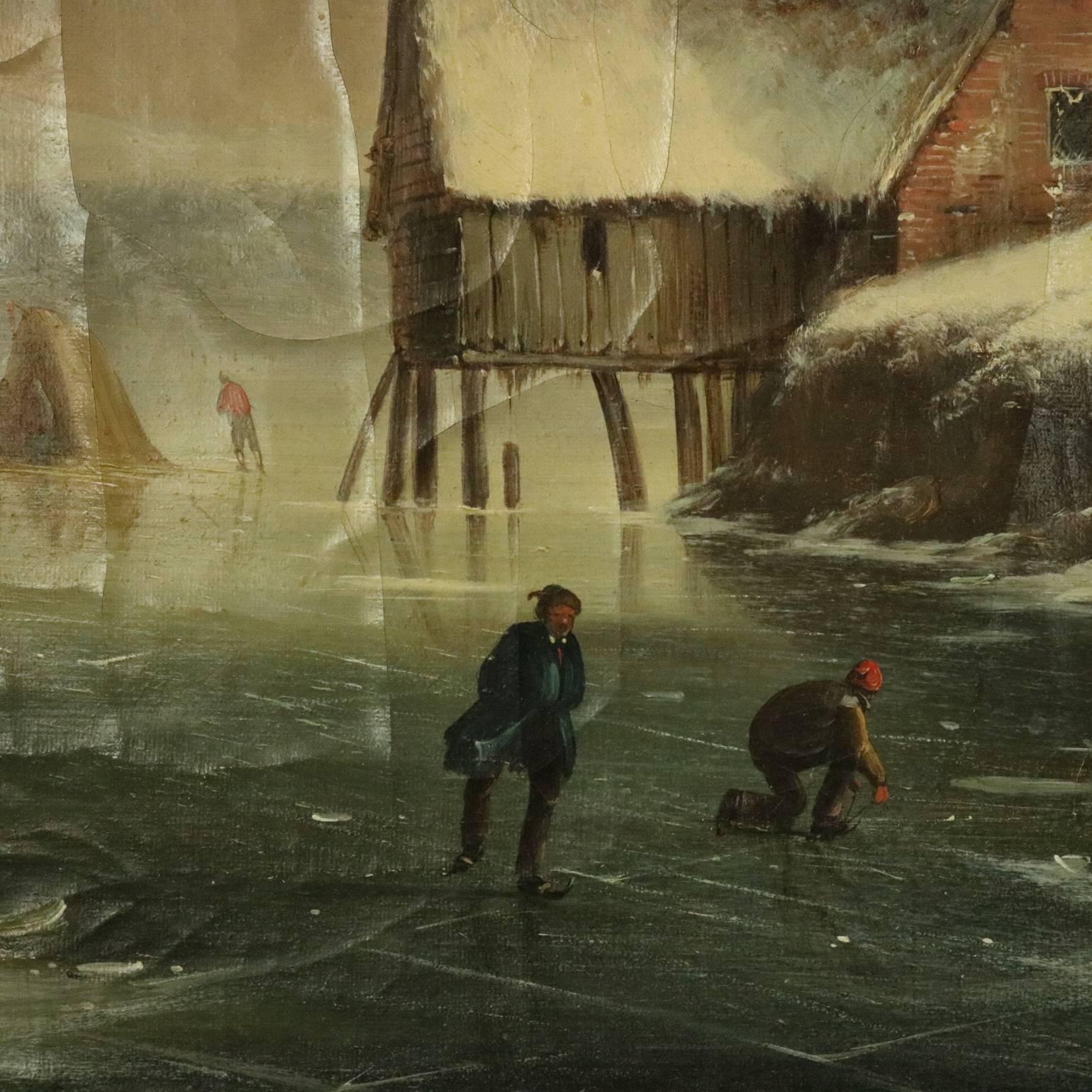 Antique oil on canvas painting by listed artist Van Zeebroeck depicts Dutch scene with ice skaters and fishing on a frozen lake or pond, signed and dated lower right, giltwood frame, 1849

Measures - 32" H x 40" W x 4" D framed;