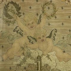 French Neoclassical Framed Needlepoint with Cherubi and Flowers, circa 1900