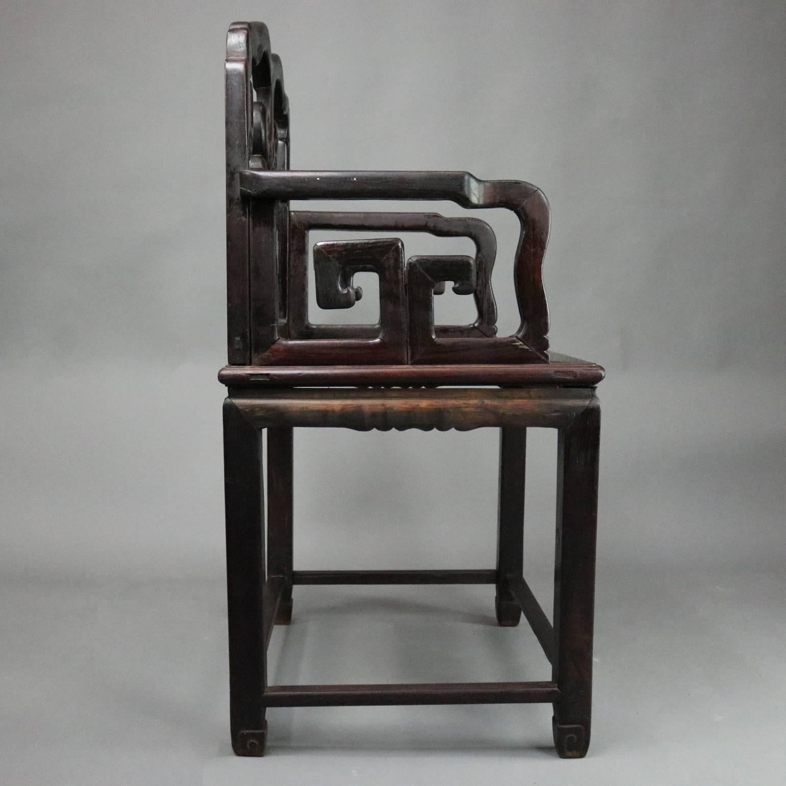Lacquered Antique Chinese Ebonized Carved Hardwood Throne Armchair, circa 1890
