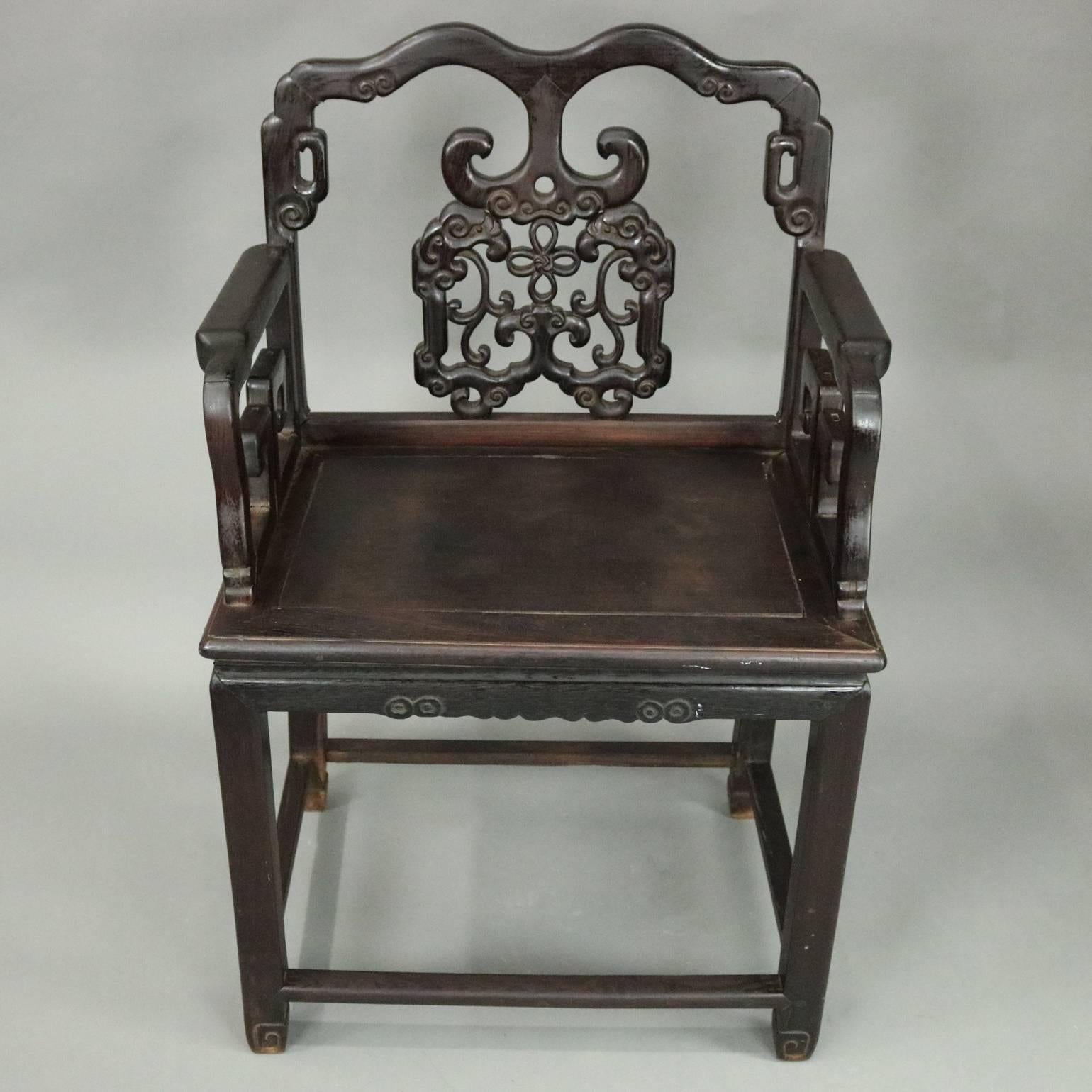 Antique Chinese Ebonized Carved Hardwood Throne Armchair, circa 1890 In Good Condition In Big Flats, NY