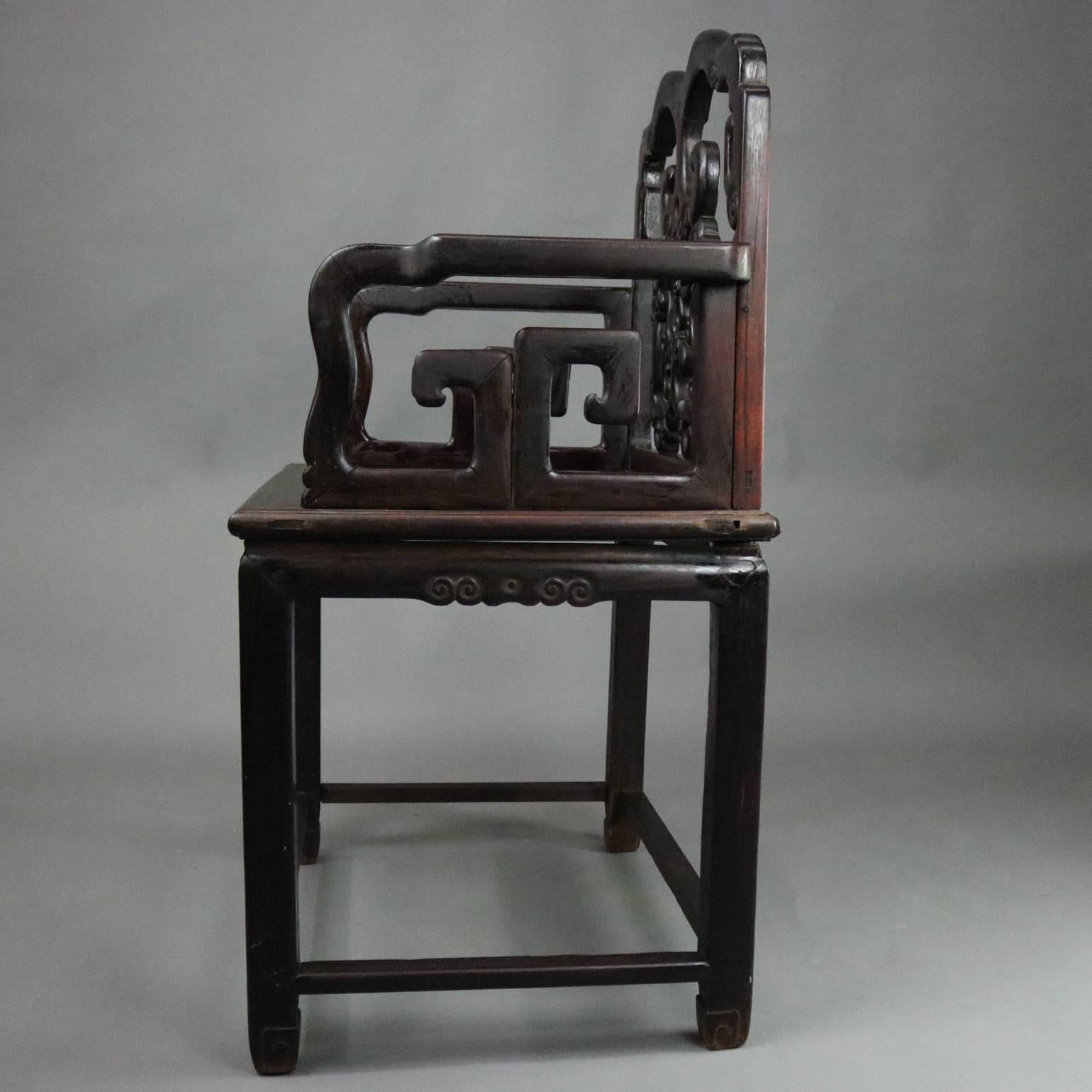 19th Century Antique Chinese Ebonized Carved Hardwood Throne Armchair, circa 1890