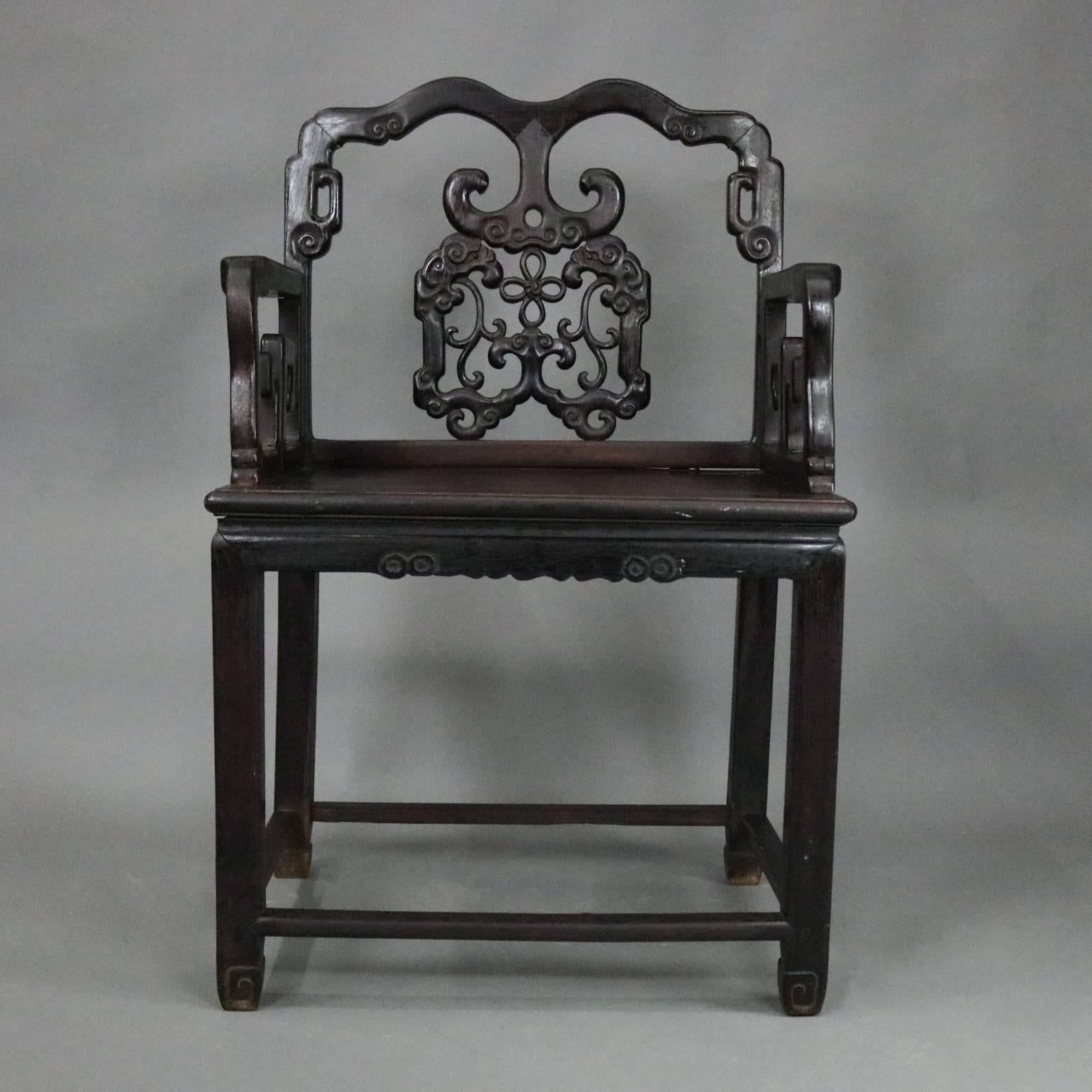 Antique Chinese Ebonized Carved Hardwood Throne Armchair, circa 1890 1