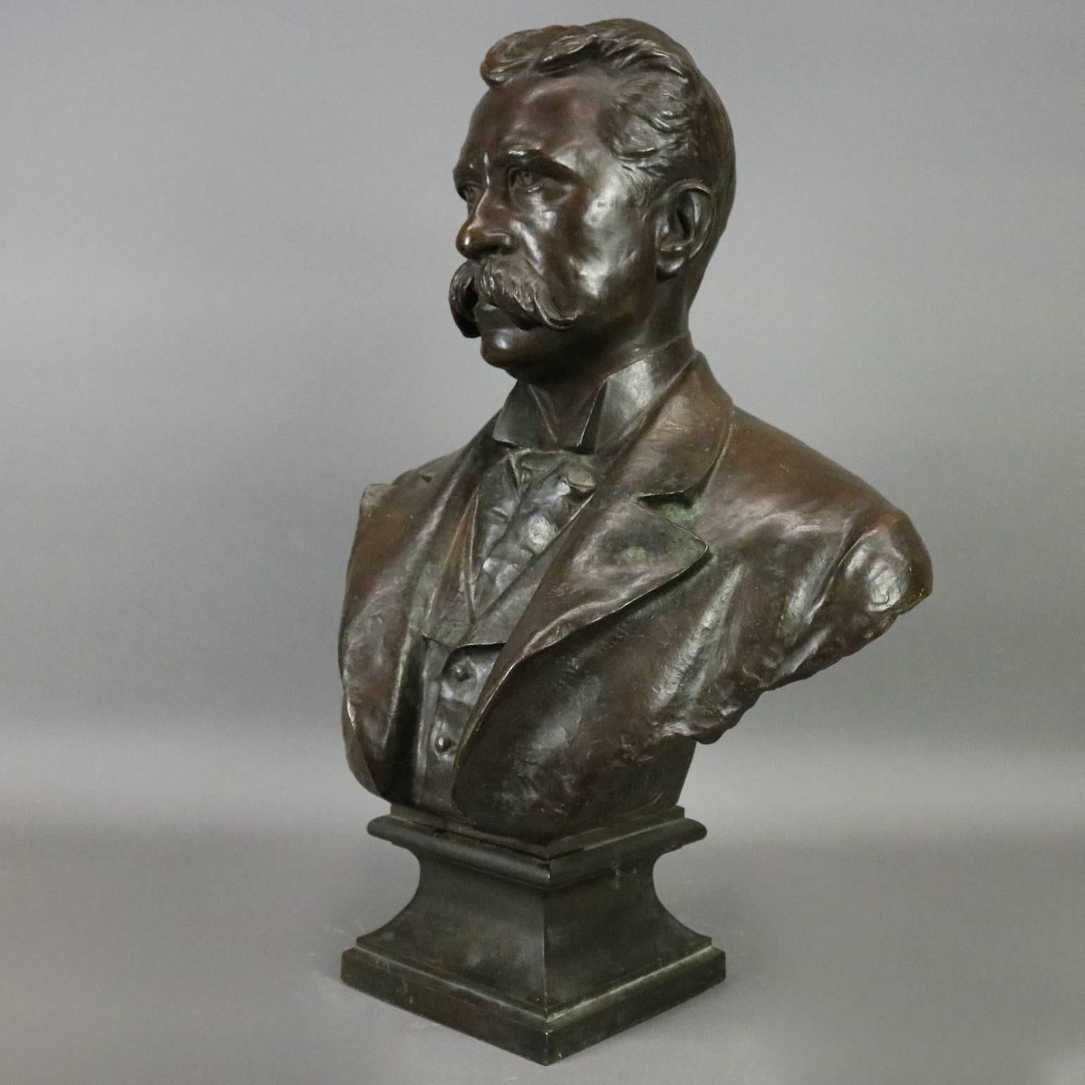 Antique 3/4 cast bronze bust of President Theodore Roosevelt signed B. Feinberg, New York '90, Bernanowitch Hirsch Feinberg (Russian), crisp casting and excellent patina, 1890

Measures: 29" H x 22" W x 10" D, 8" x 8.25"