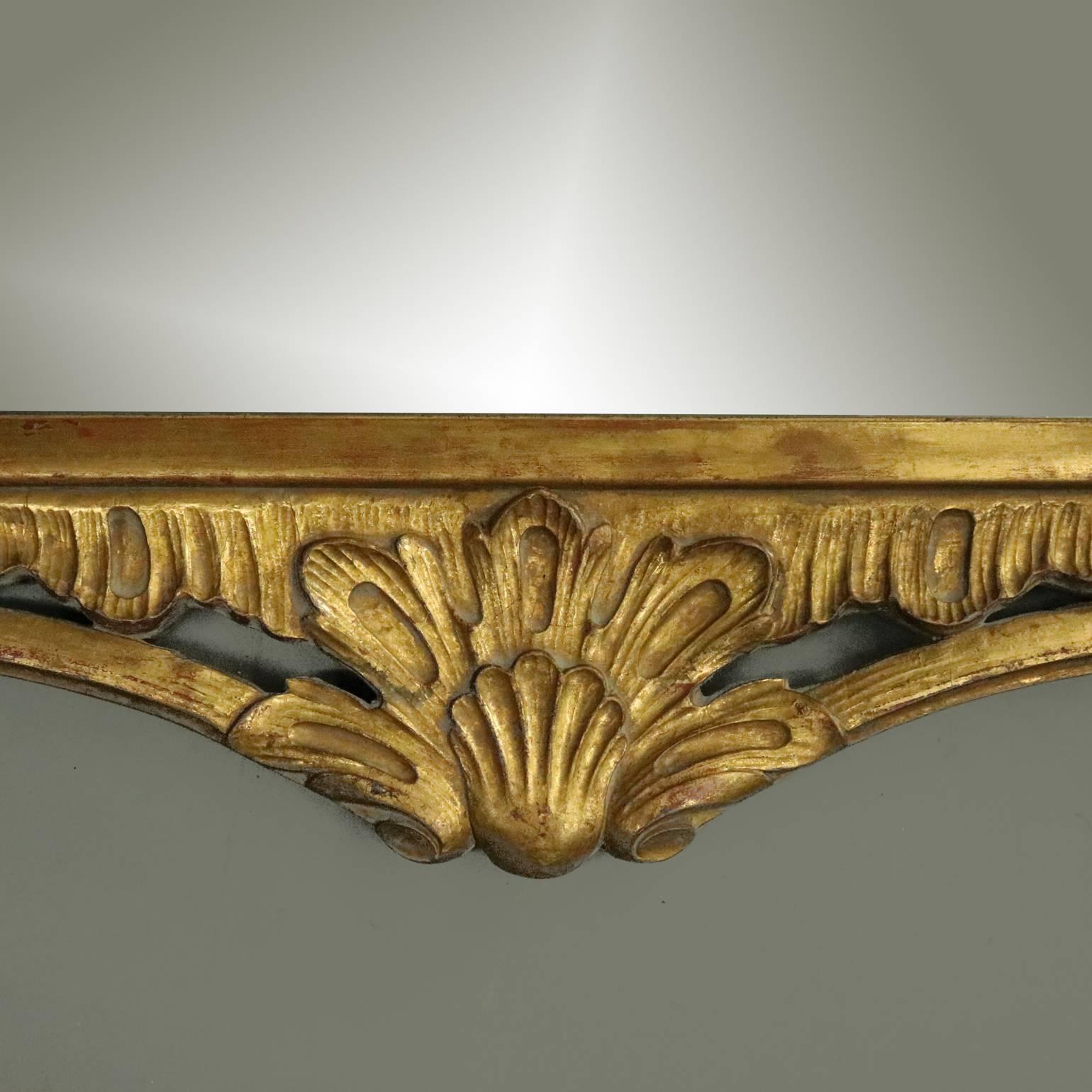English Antique French Pierced Gold Giltwood Wall Mirror, Scroll & Foliate Design