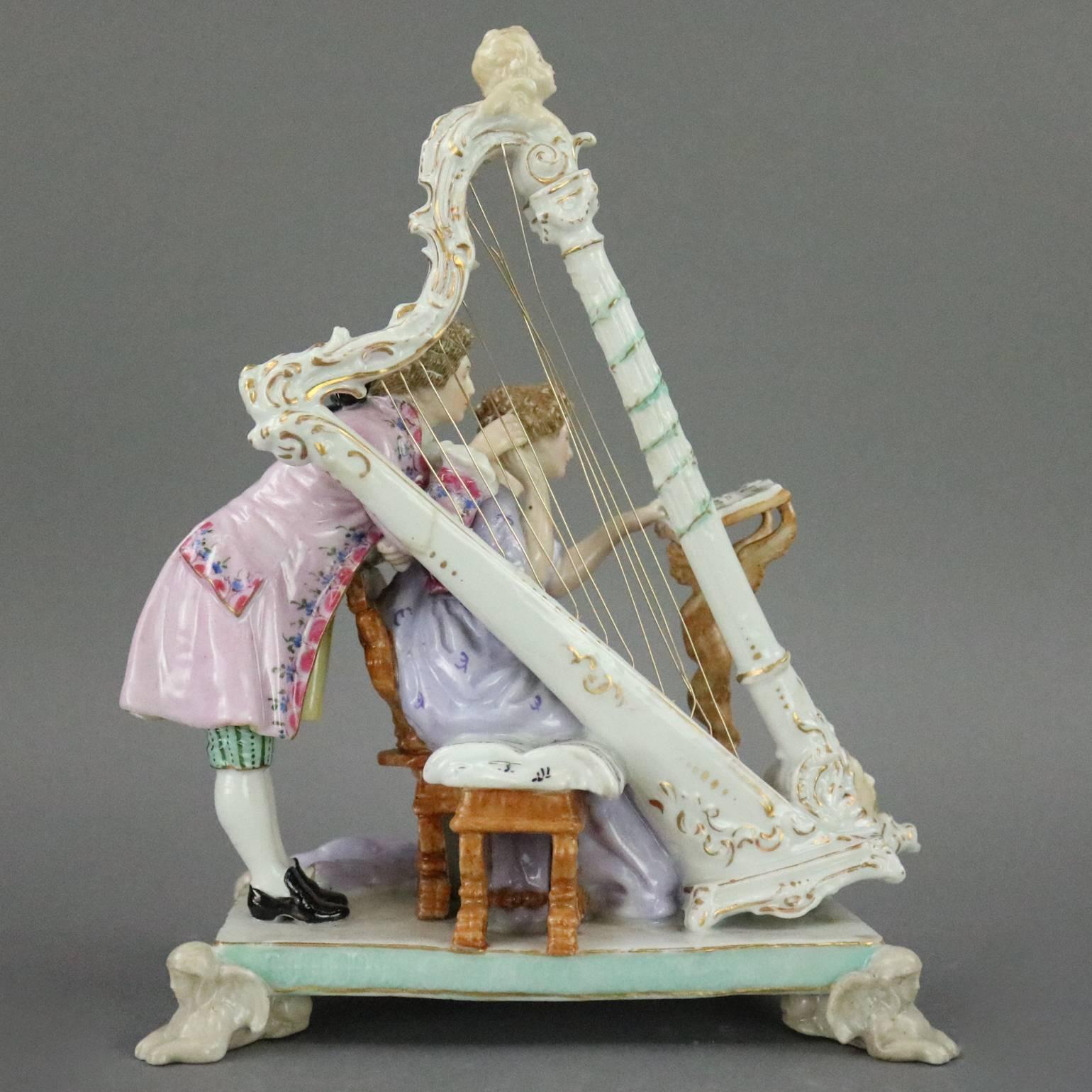 Antique German Ludwigsburg Porcelain Figural Group, Harpist Couple, circa 1820 In Good Condition In Big Flats, NY