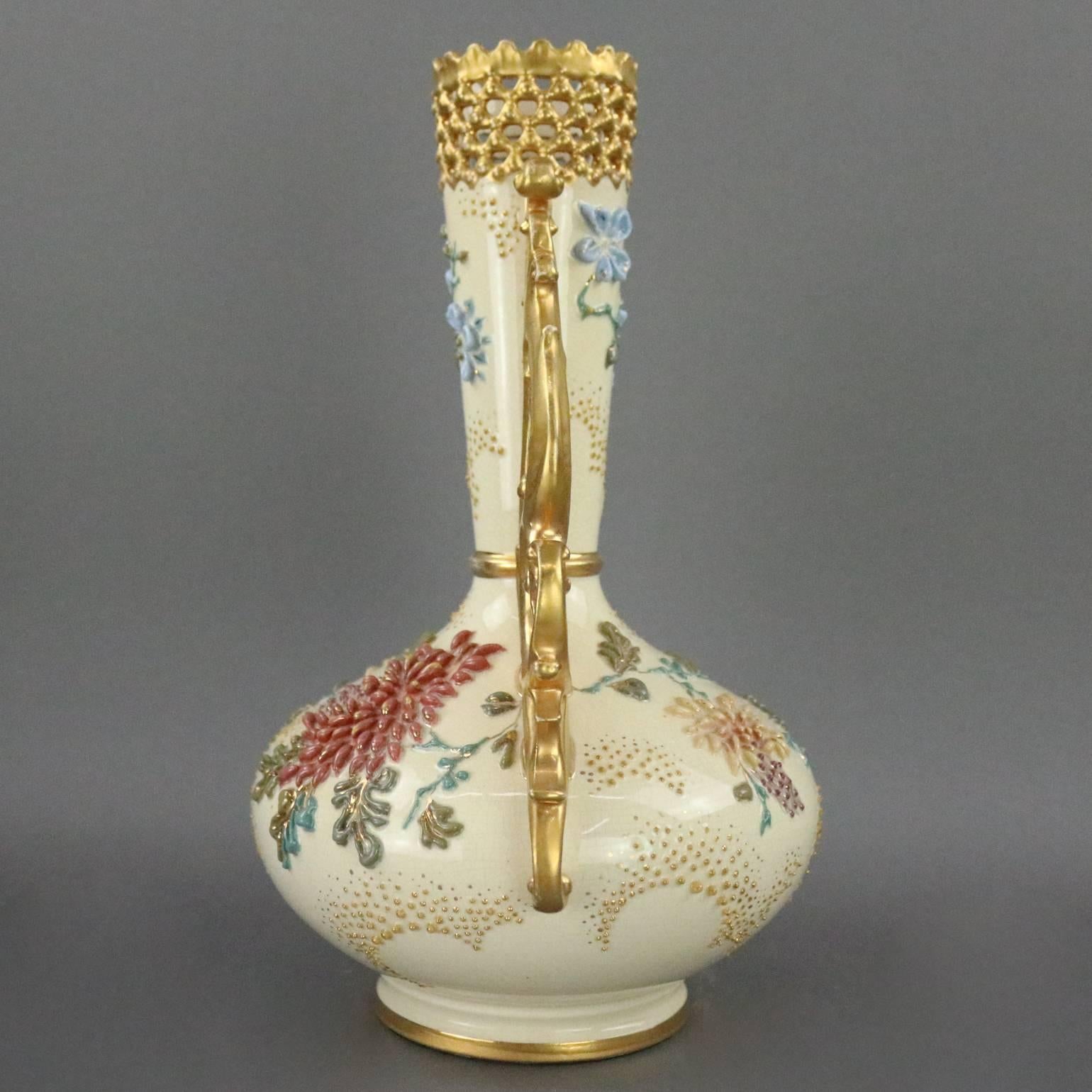 Appliqué Antique Fischer J. Budapest Hand-Painted and Gilt Porcelain Reticulated Vase