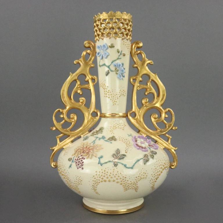 Antique Fischer J. Budapest Hand-Painted and Gilt Porcelain Reticulated  Vase at 1stDibs
