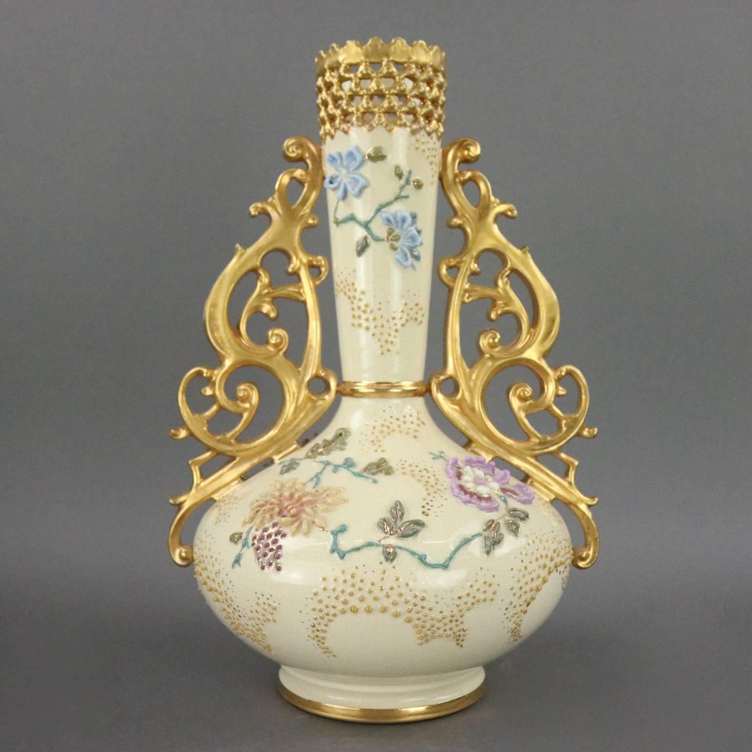 Hungarian Antique Fischer J. Budapest Hand-Painted and Gilt Porcelain Reticulated Vase