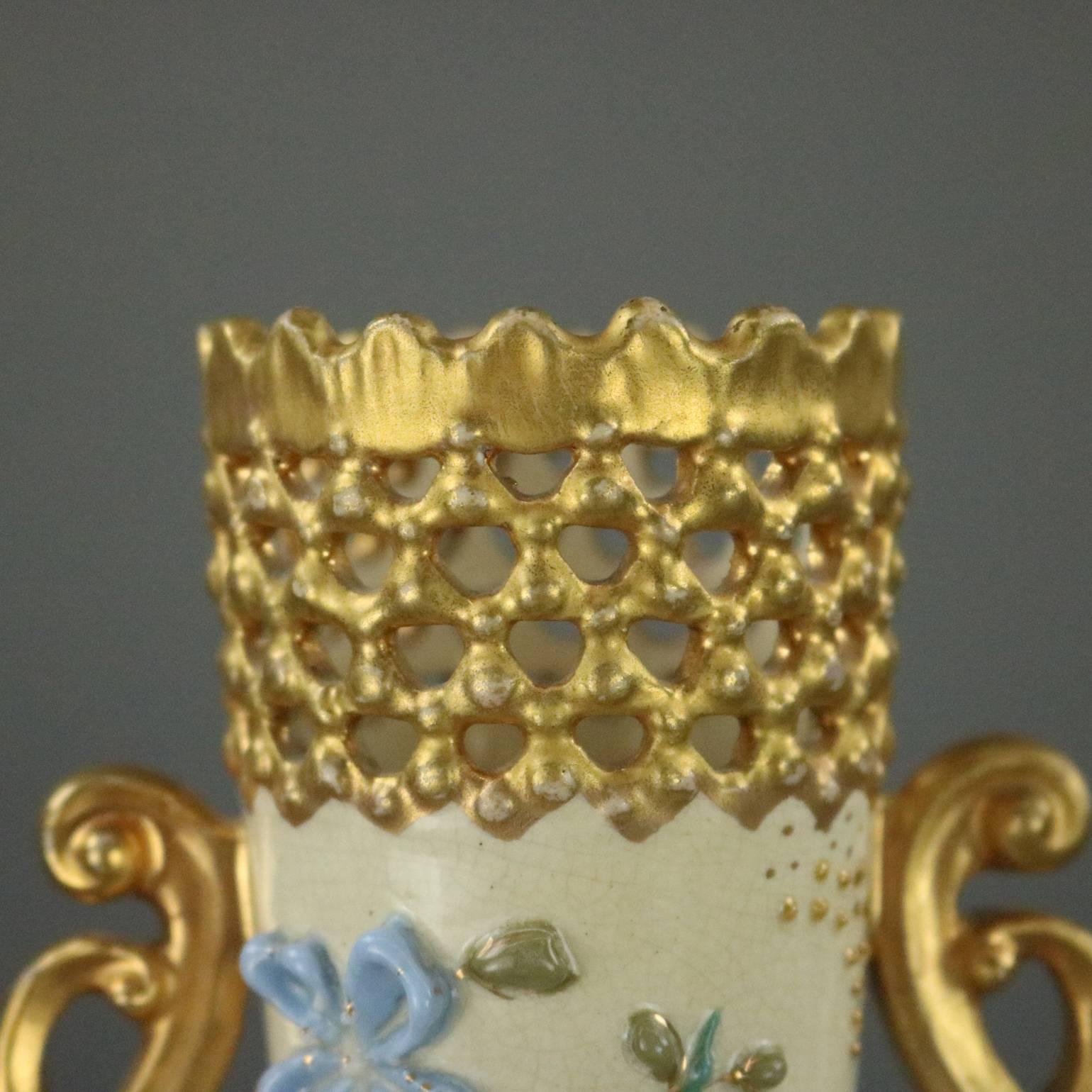 Antique Fischer J. Budapest Hand-Painted and Gilt Porcelain Reticulated Vase In Good Condition In Big Flats, NY