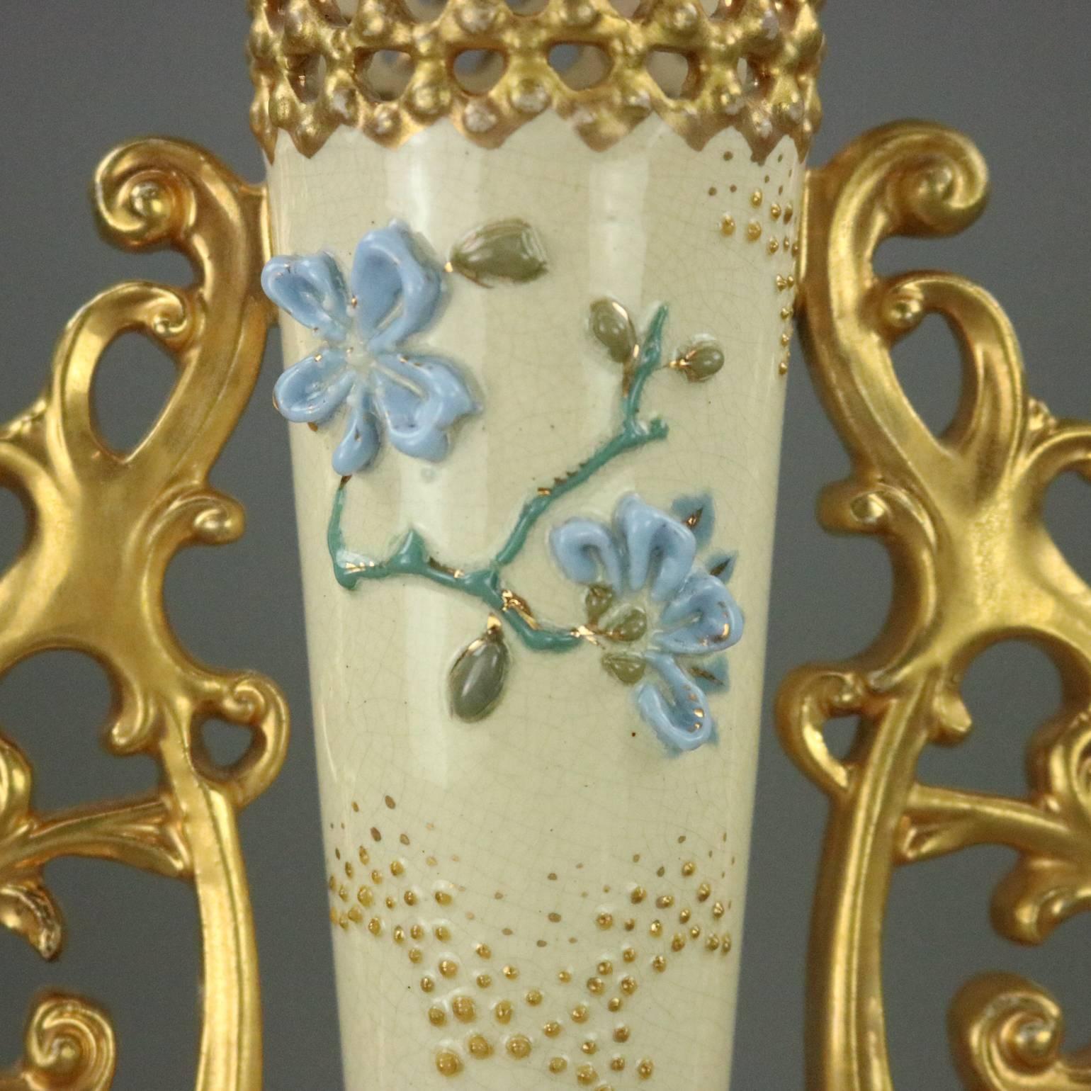 Antique Fischer J. Budapest Hand-Painted and Gilt Porcelain Reticulated Vase 1