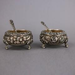 Pair of Antique Sterling Silver Steiff Rose Footed Master Salts and Spoons