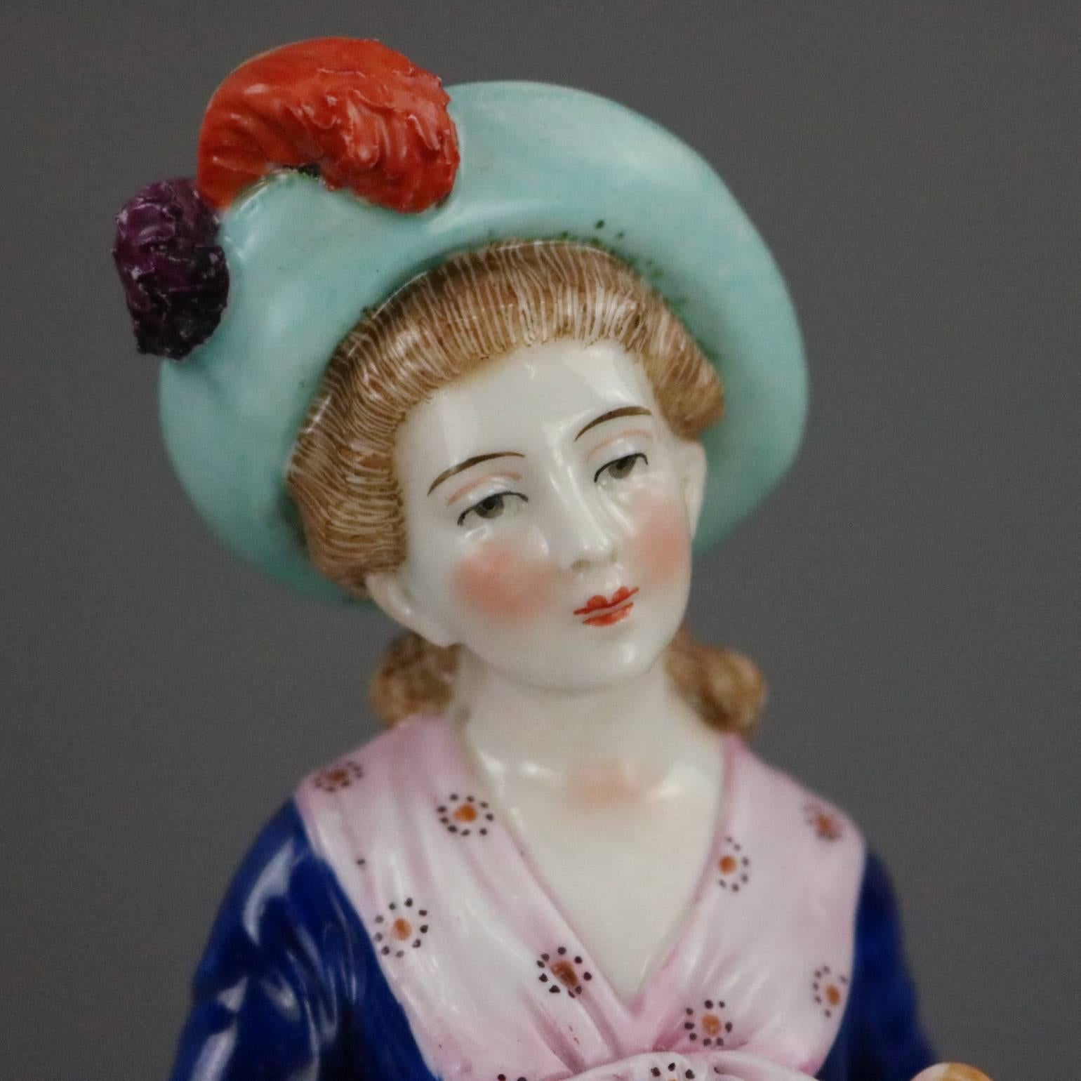 Hand-Painted Antique English Chelsea Porcelain & Gilt Figurine of Woman with Bird, circa 1820