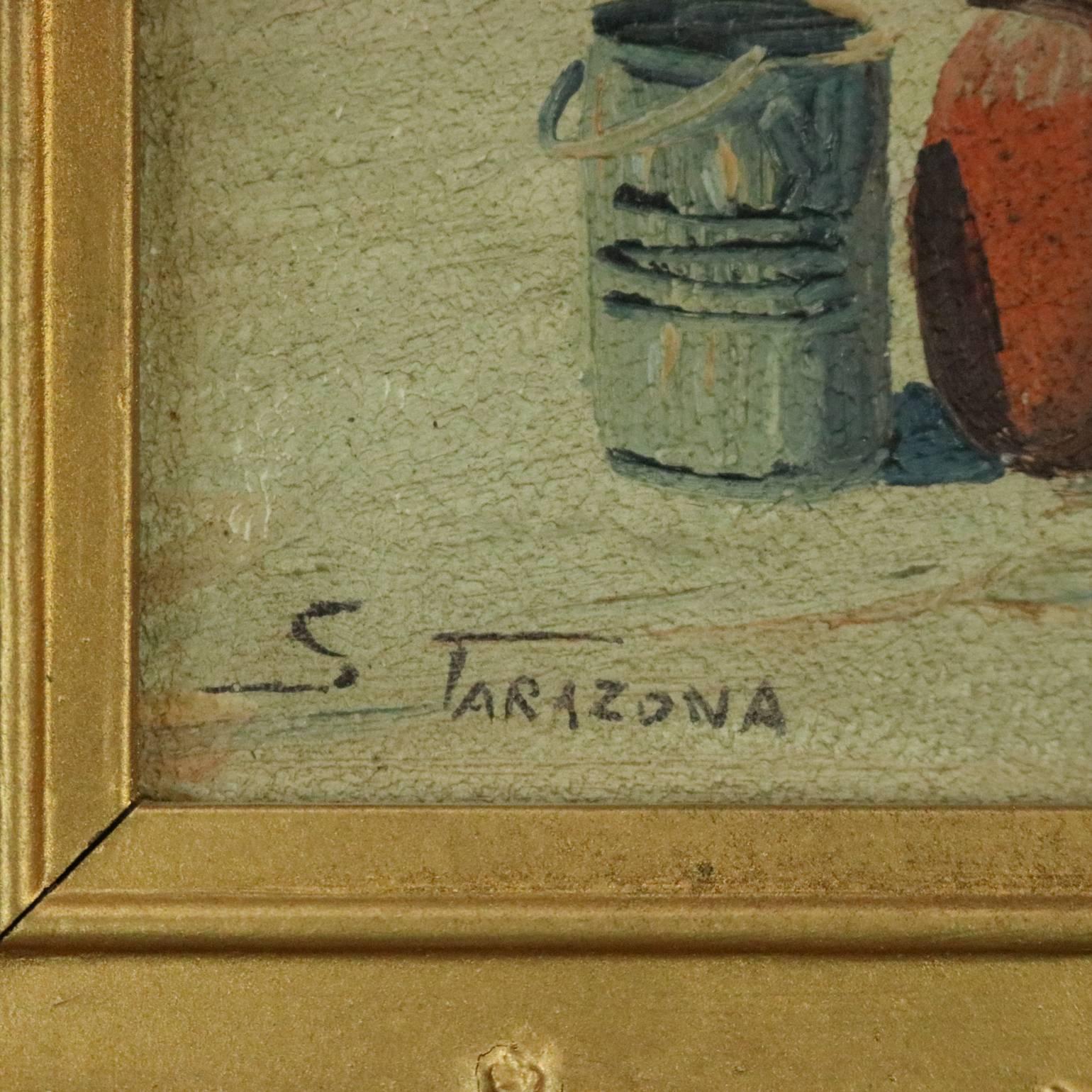 Antique Oil on Board Impressionistic Mexican Well Scene, S. Tarazona, circa 1920 3