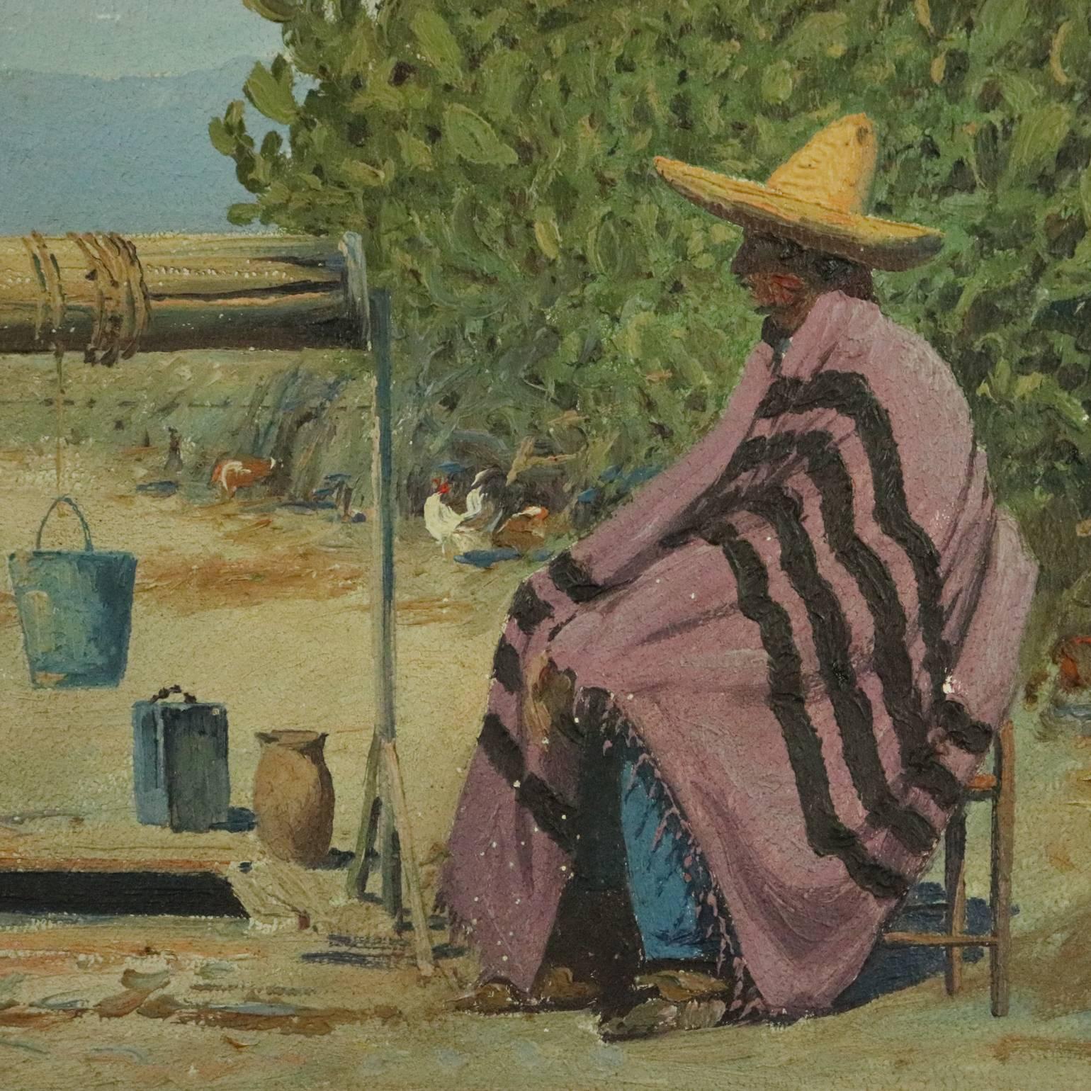 Antique Oil on Board Impressionistic Mexican Well Scene, S. Tarazona, circa 1920 In Good Condition In Big Flats, NY