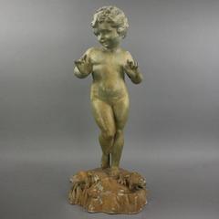 Antique French Cast Metal Garden Sculpture of Young Child and Frogs, circa 1880