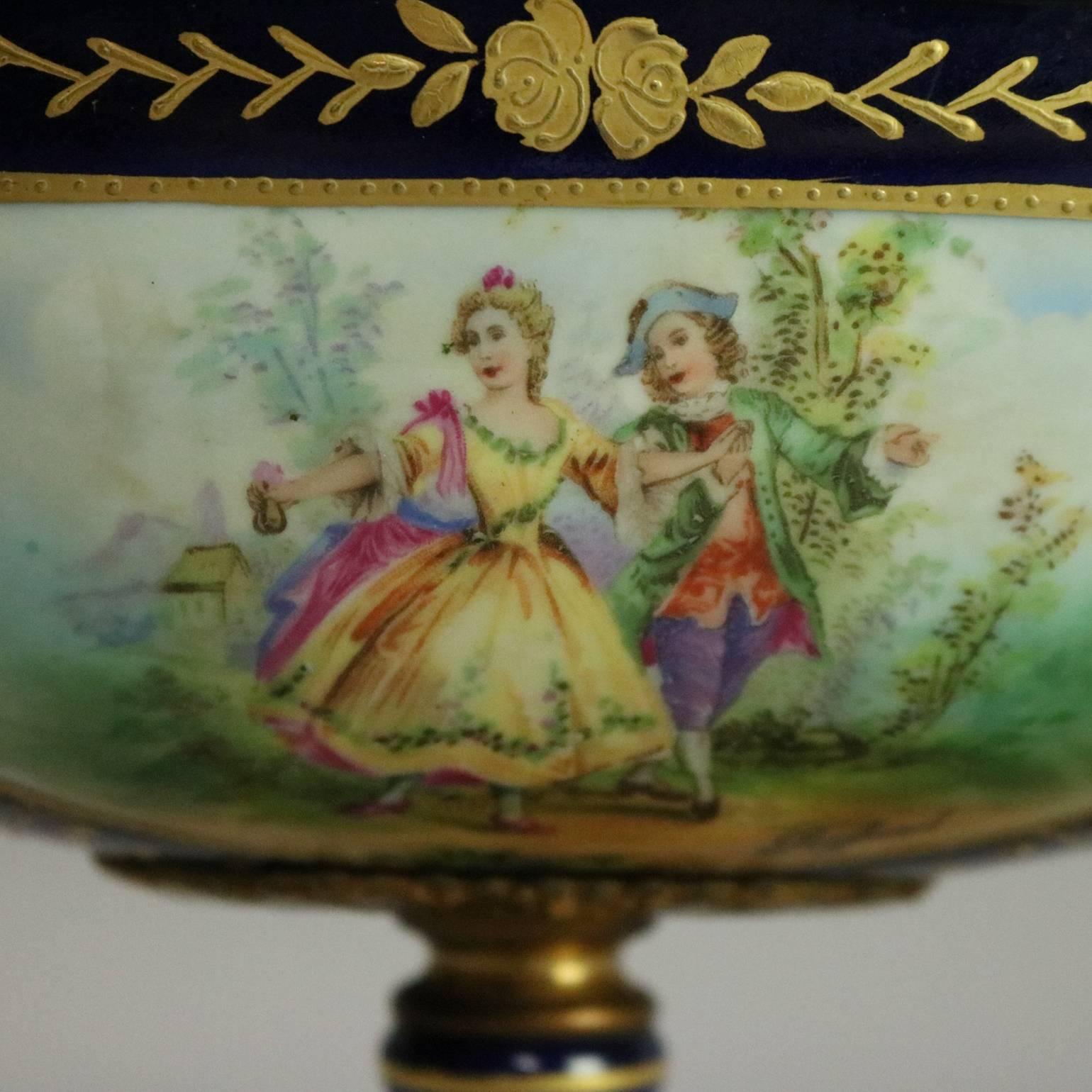Antique French Hand-Painted & Gilt Porcelain Sevres Style Compote, Signed 1
