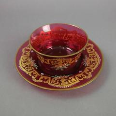 Three Antique Moser Glass Finger Bowls & Saucers, Gilt Baroque Graffito Signed