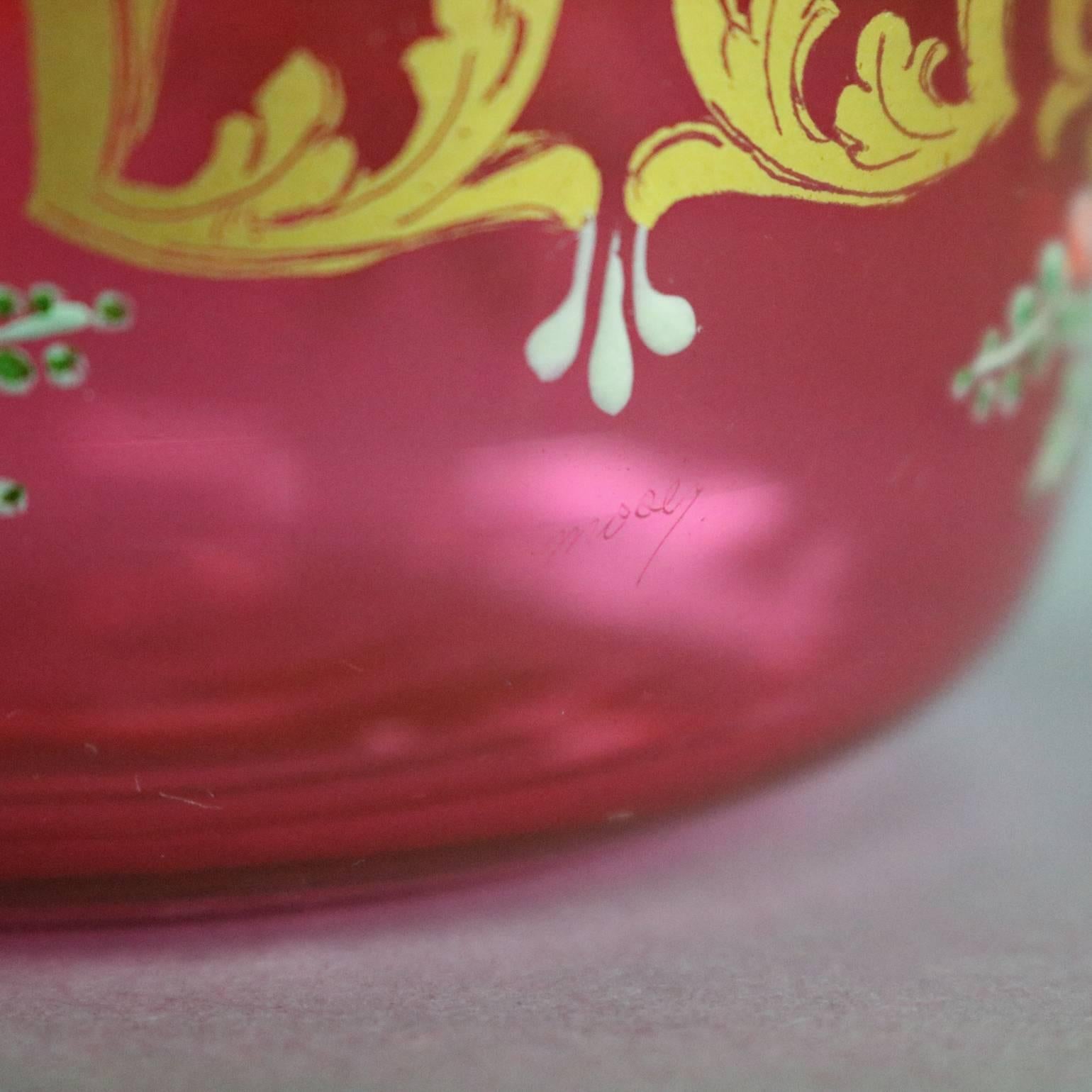 Enameled Three Antique Moser Glass Finger Bowls & Saucers, Gilt Baroque Graffito Signed
