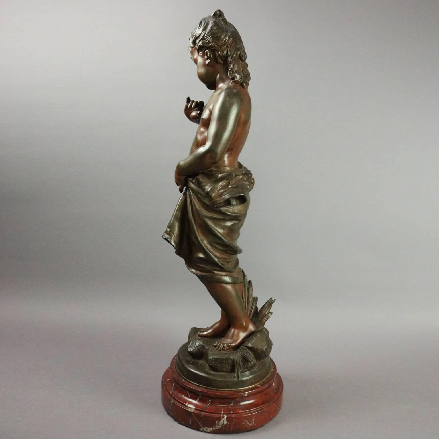 19th Century Antique French Bronzed Metal Sculpture of Young Child Signed Bouret, circa 1880