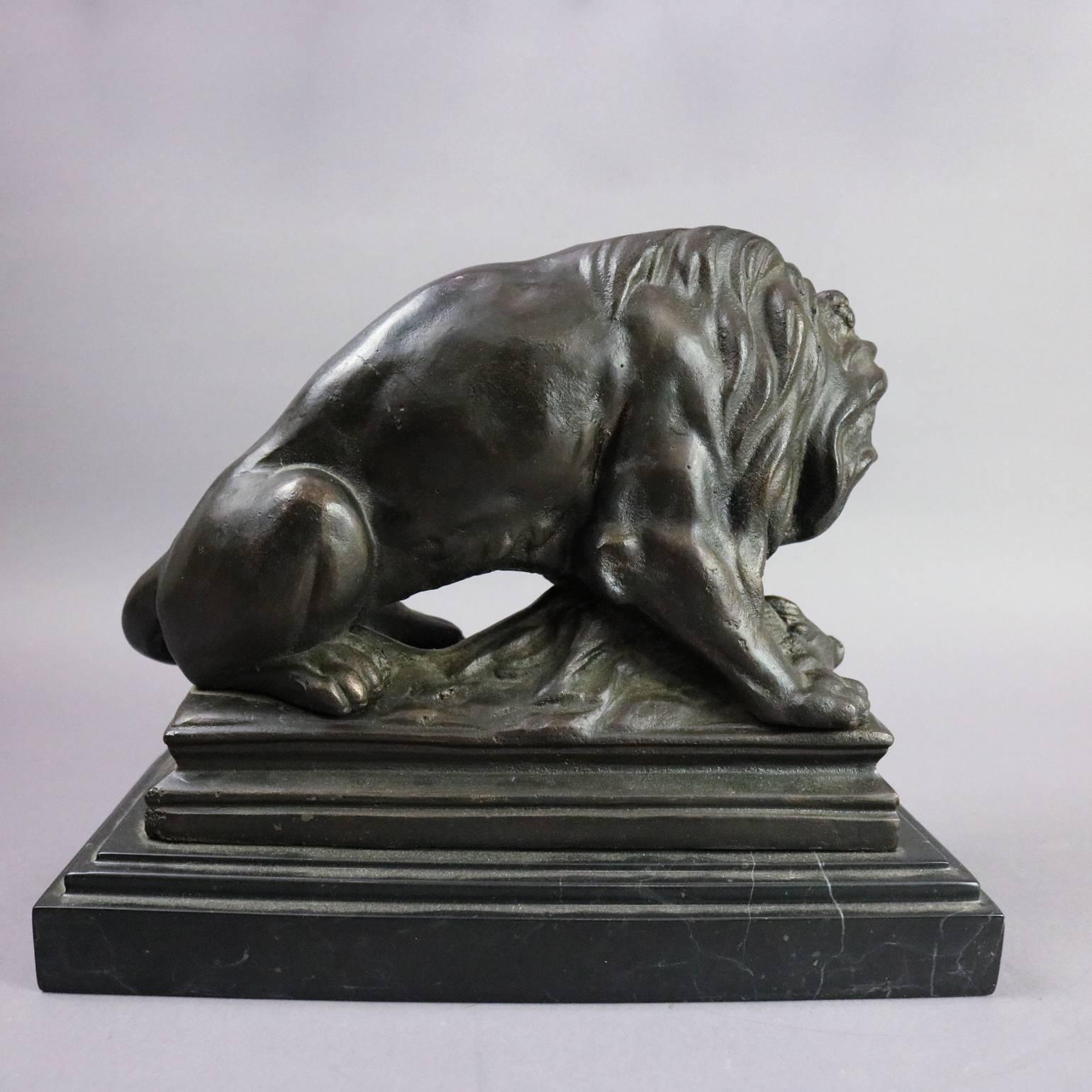 Cast Antique French Barye School Bronze Lion & Boar Hunt Sculpture, Marble Base