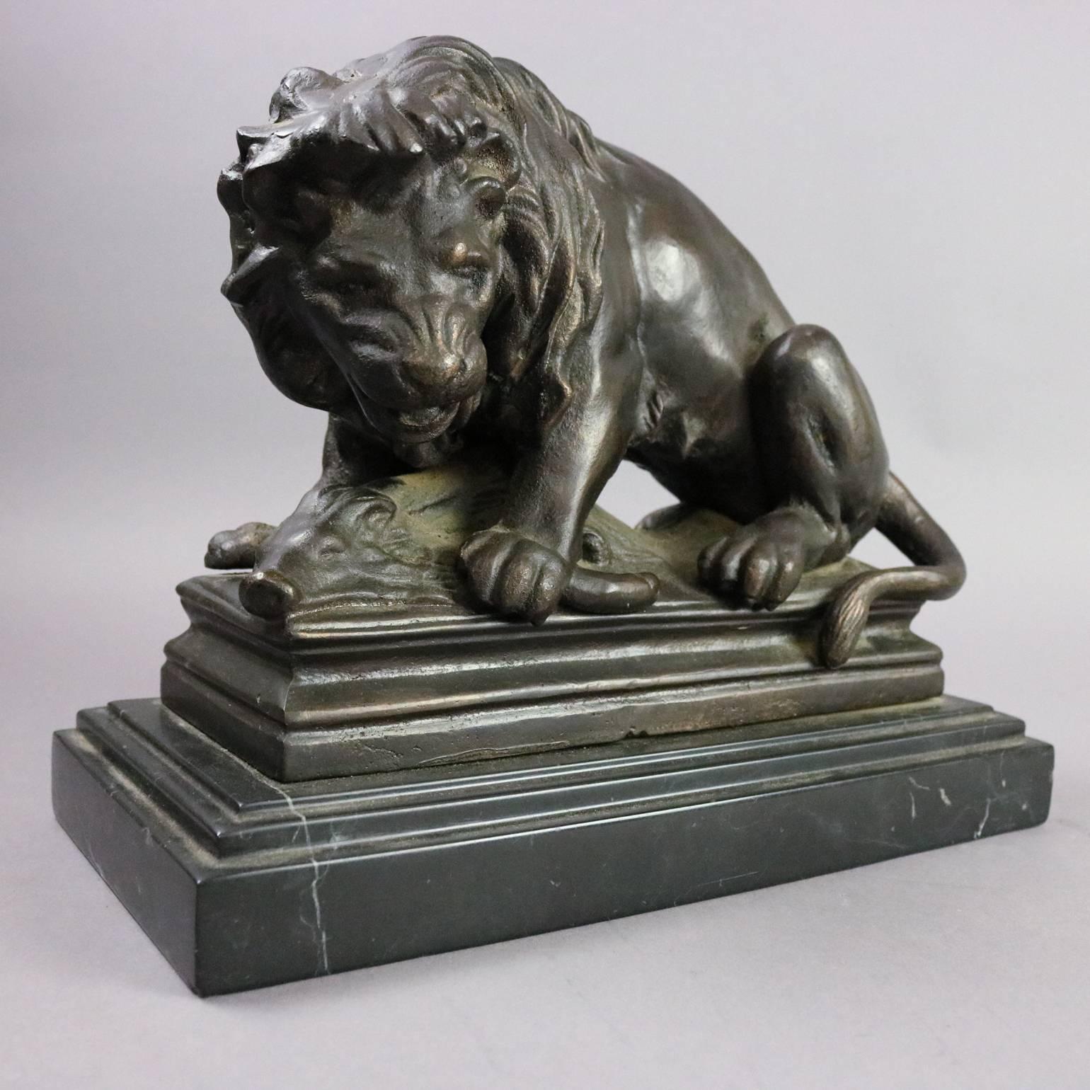 Antique French Barye School Bronze Lion & Boar Hunt Sculpture, Marble Base In Good Condition In Big Flats, NY
