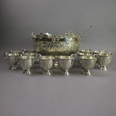 Vintage English Sheffield Silver Plate Punch Bowl, 12 Cups & Ladle, circa 1940
