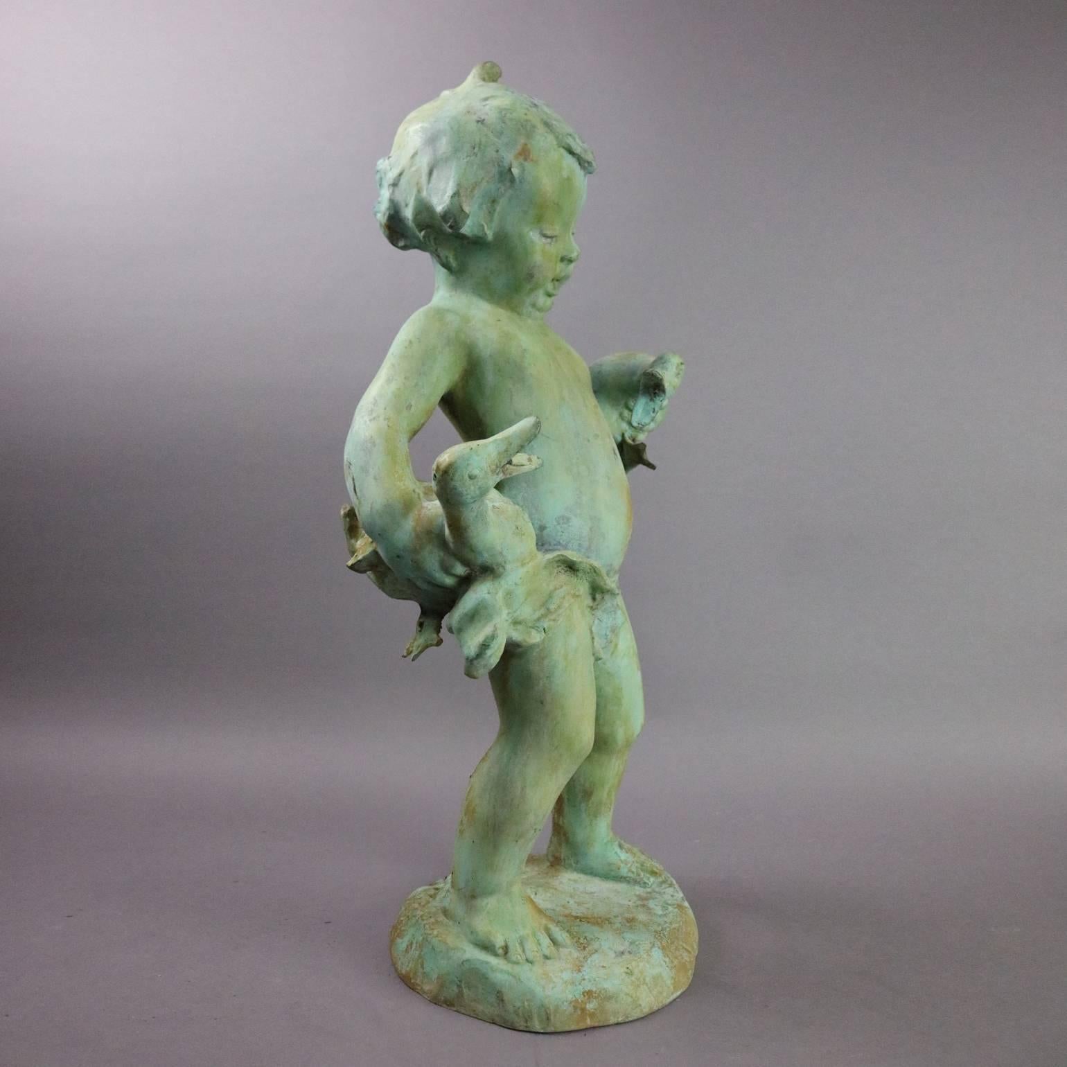 Antique French cast metal figural garden fountain head depicts young boy carrying his ducks, nice verdigris, circa 1880

Measures: 24" H x 12" W x 8" D; 8" x 9" base.
