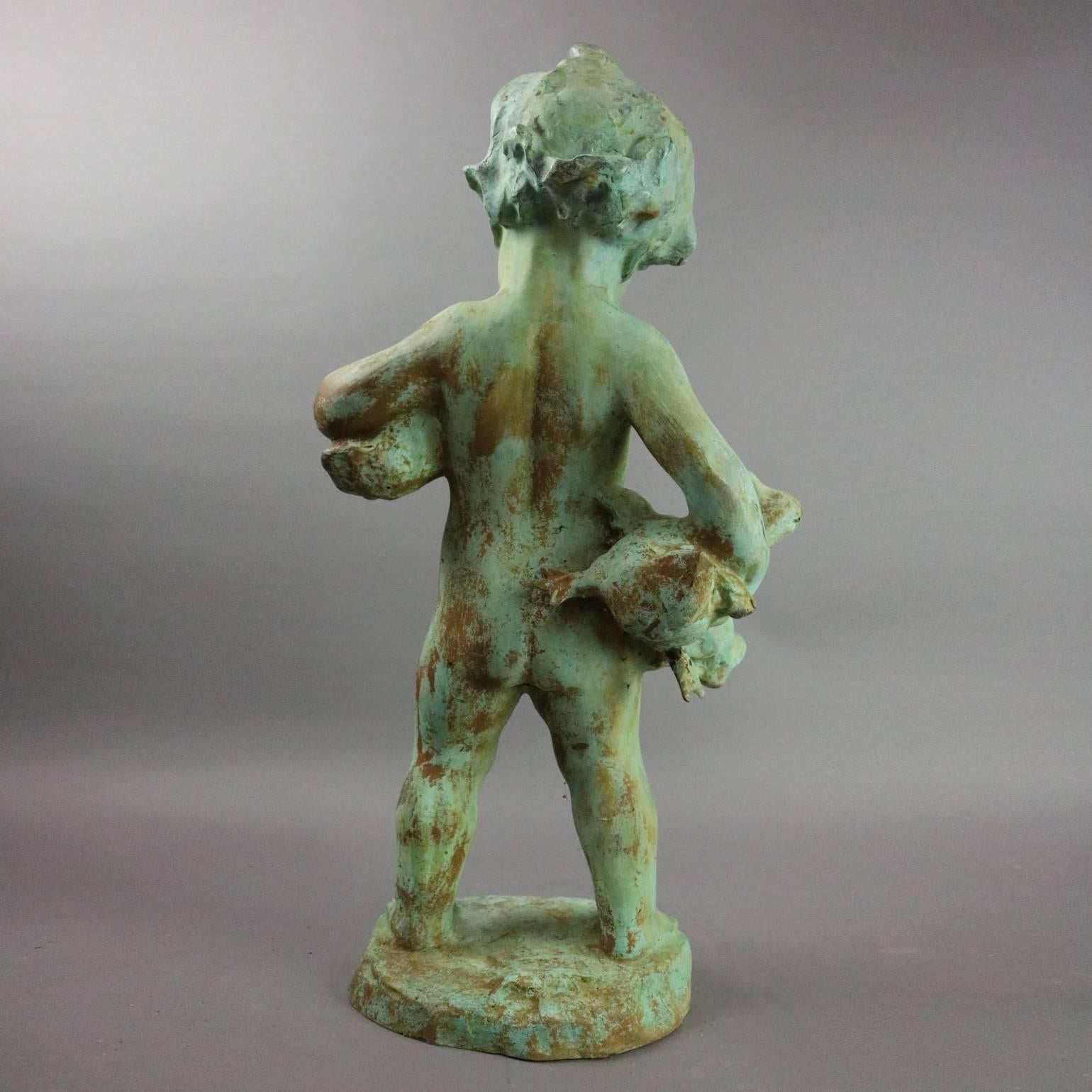 Antique French Cast Metal Verdigris Garden Fountain Head, Young Boy & Ducks In Good Condition In Big Flats, NY