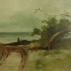 Antique Primitive Oil on Canvas Seascape/Landscape, 1st Finish Gilt Frame