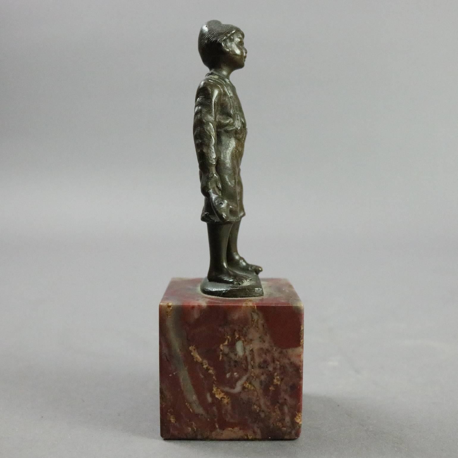 Antique Figural Cast Bronze Sculpture of Young Boy with Shoe on Marble Base In Good Condition In Big Flats, NY