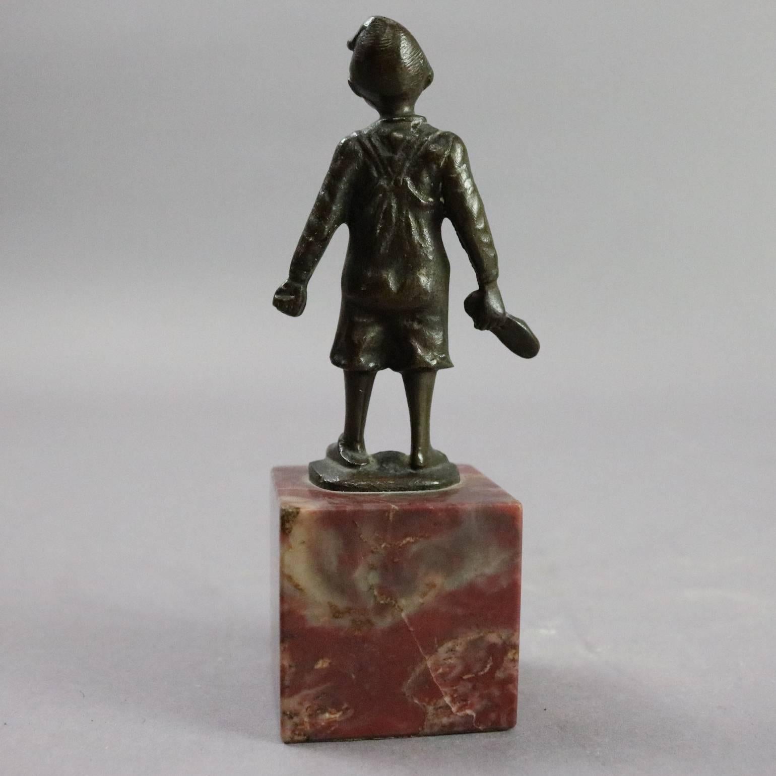European Antique Figural Cast Bronze Sculpture of Young Boy with Shoe on Marble Base
