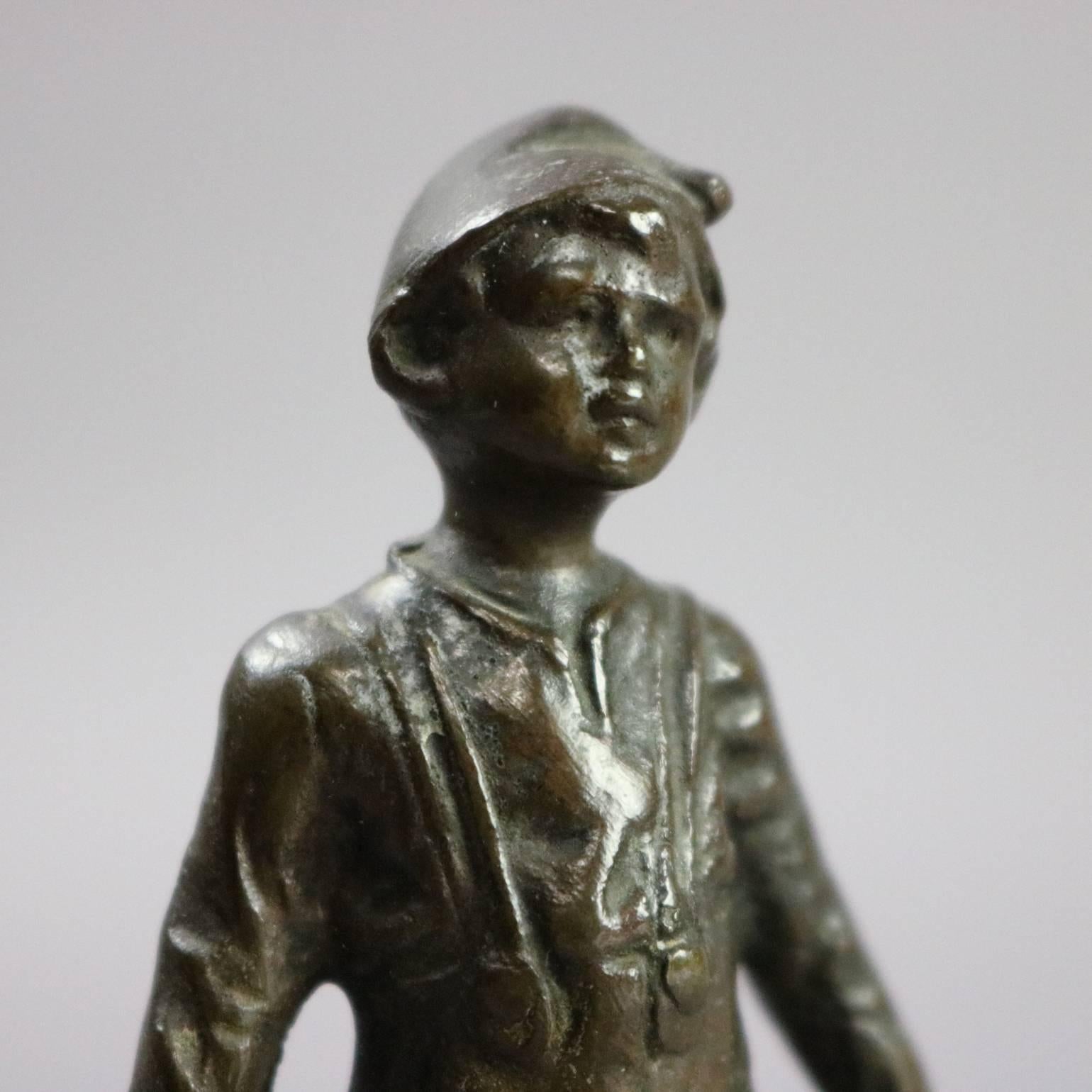 19th Century Antique Figural Cast Bronze Sculpture of Young Boy with Shoe on Marble Base