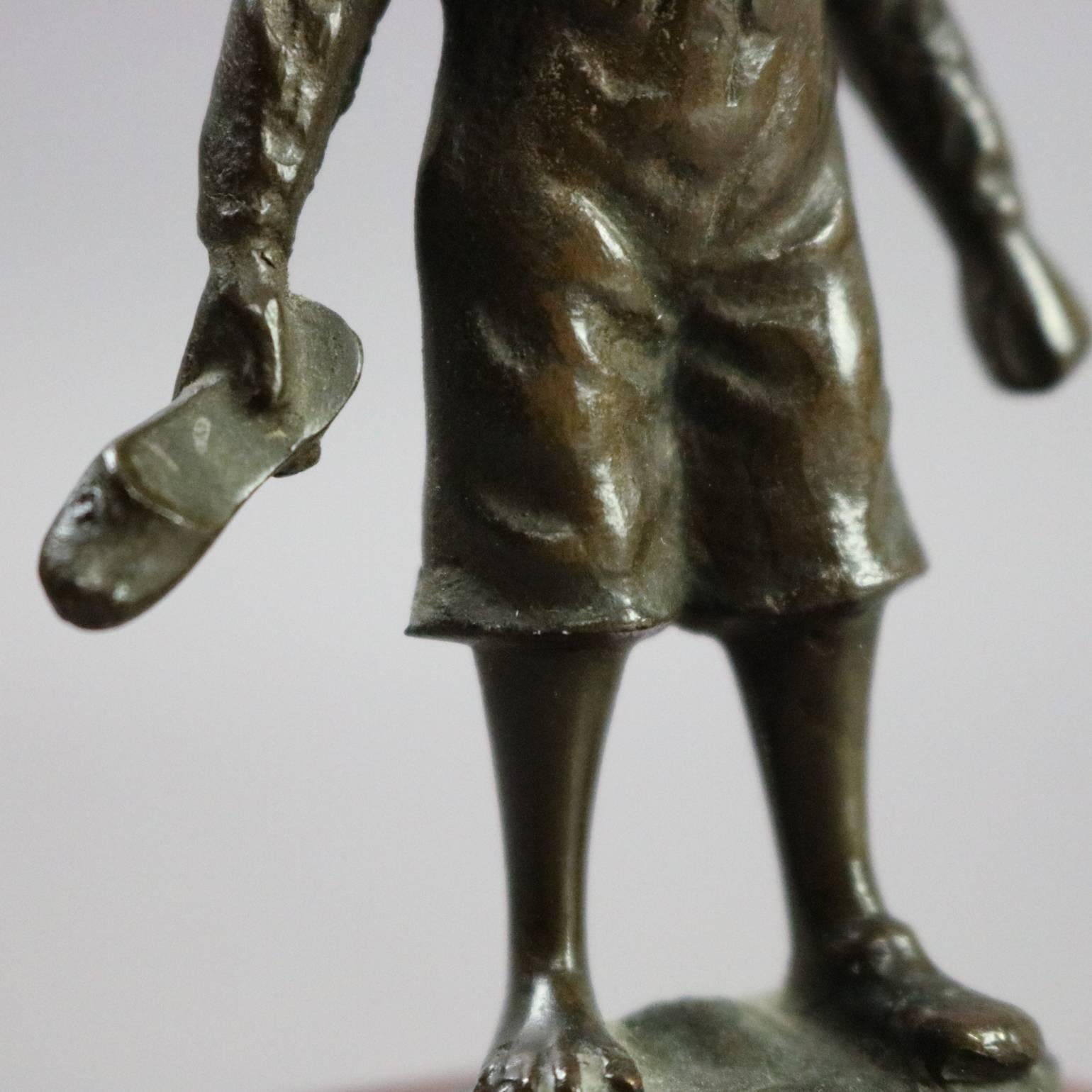 Antique Figural Cast Bronze Sculpture of Young Boy with Shoe on Marble Base 1