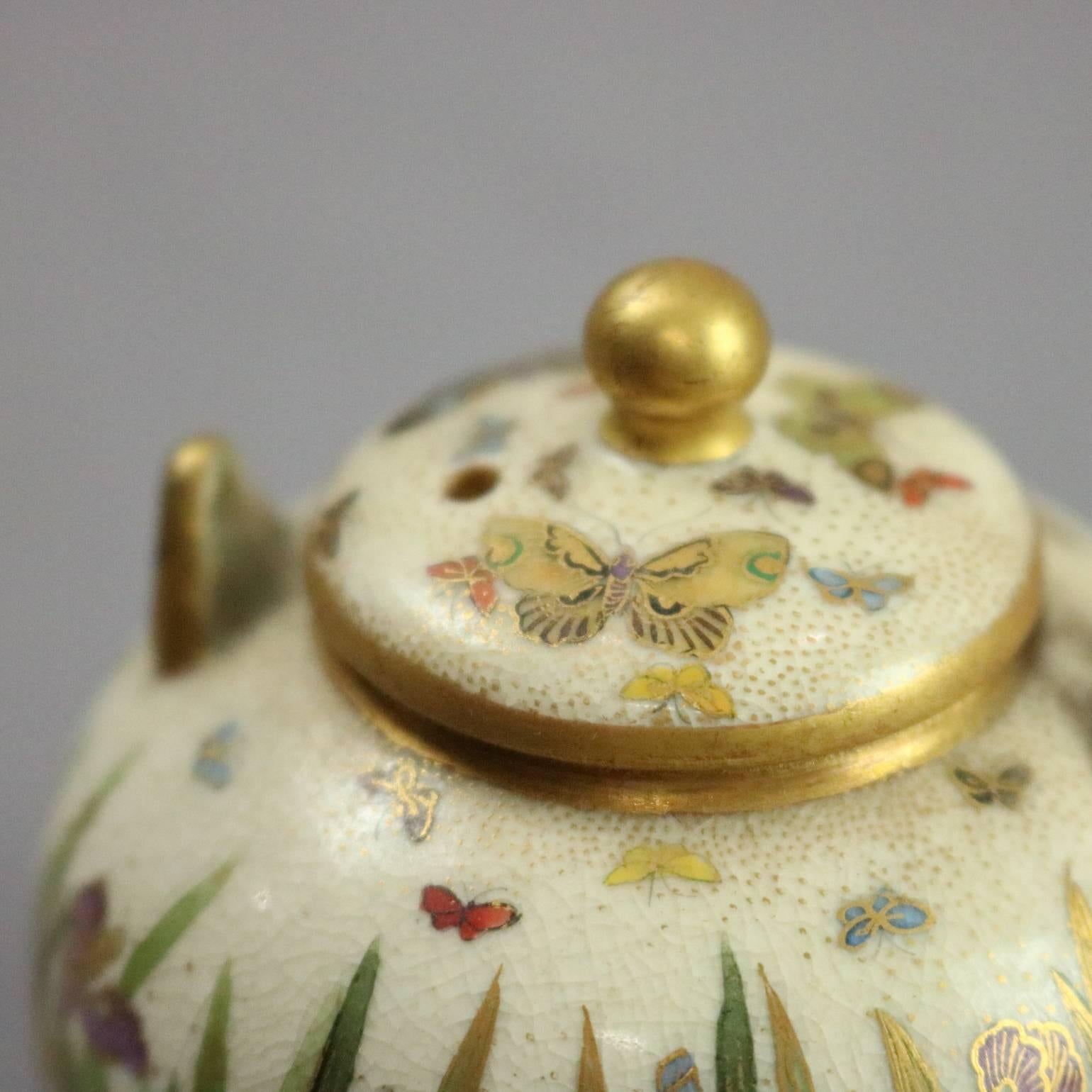 Porcelain Antique Miniature Japanese Satsuma Hand-Painted & Gilt Tea Pot Iris Garden