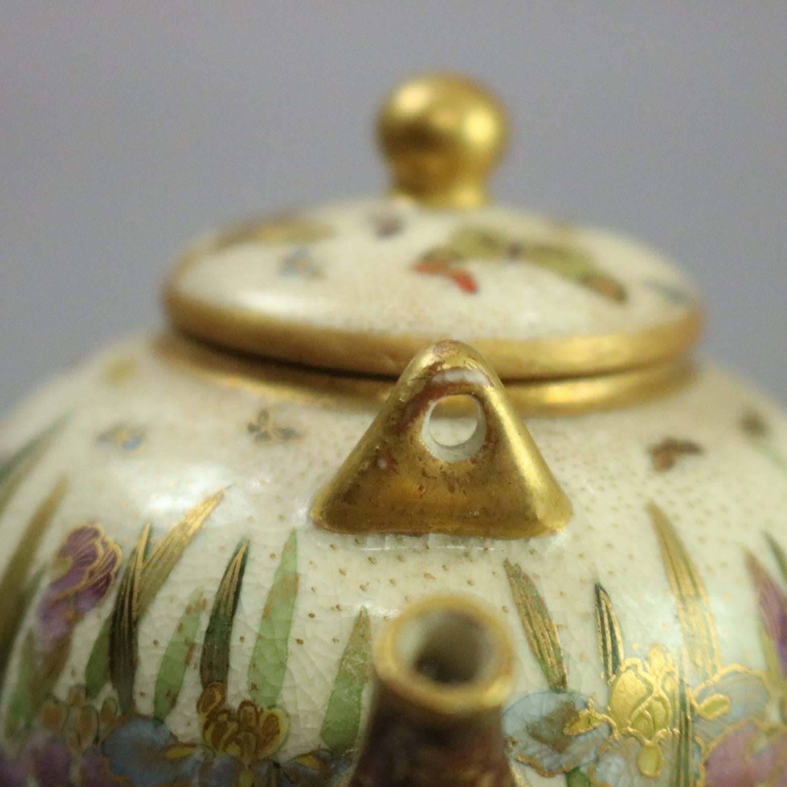 Antique Miniature Japanese Satsuma Hand-Painted & Gilt Tea Pot Iris Garden 1