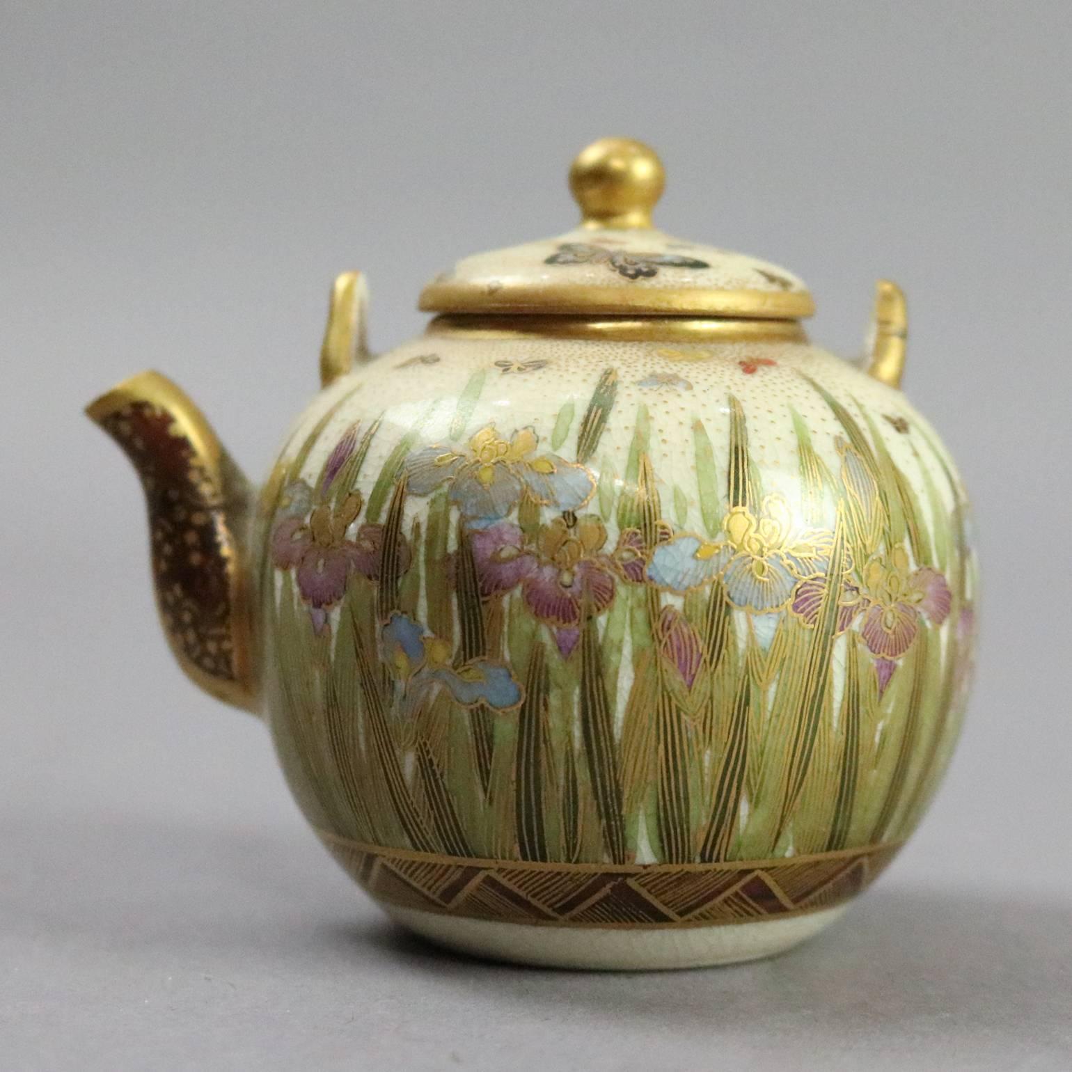 20th Century Antique Miniature Japanese Satsuma Hand-Painted & Gilt Tea Pot Iris Garden