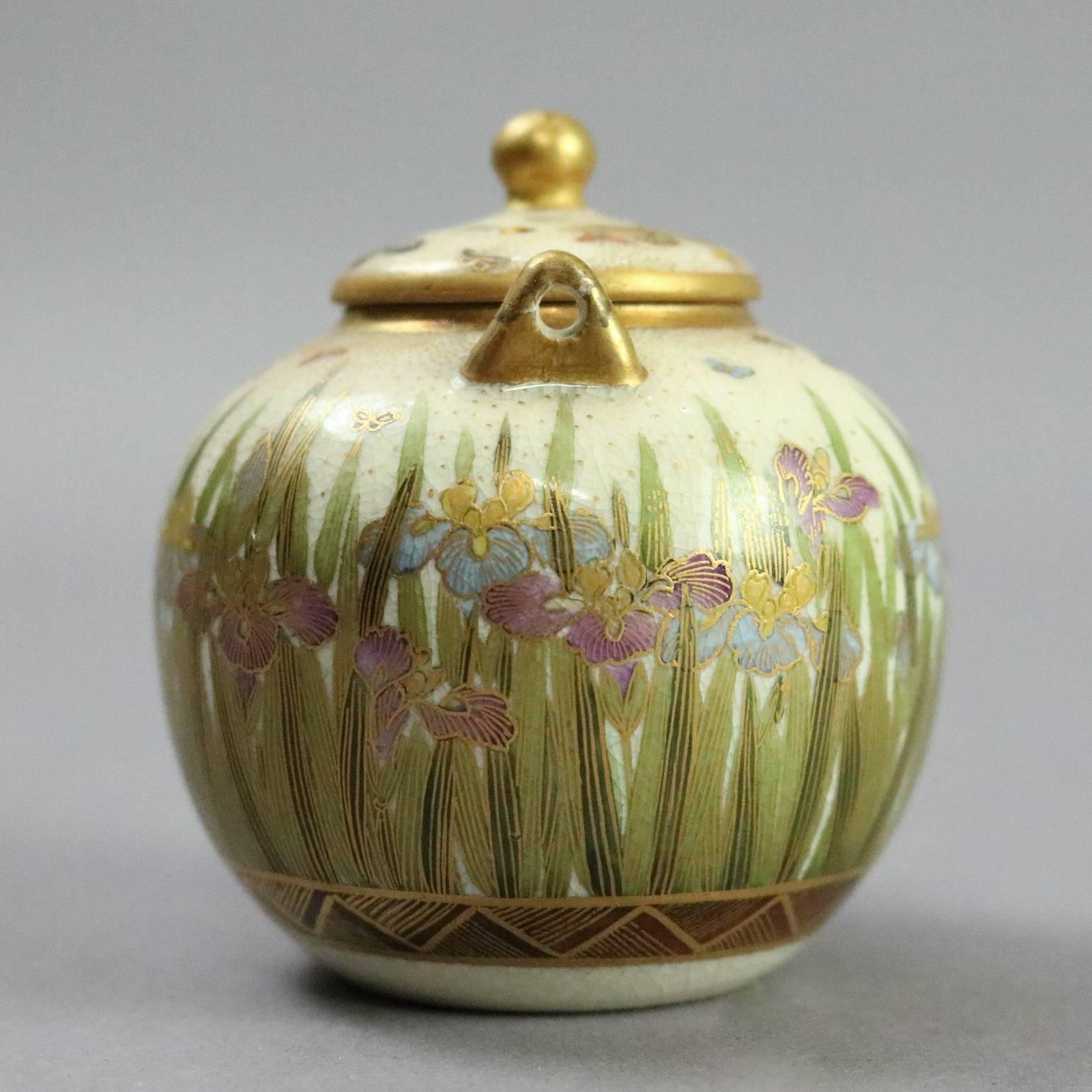 Antique Miniature Japanese Satsuma Hand-Painted & Gilt Tea Pot Iris Garden In Good Condition In Big Flats, NY