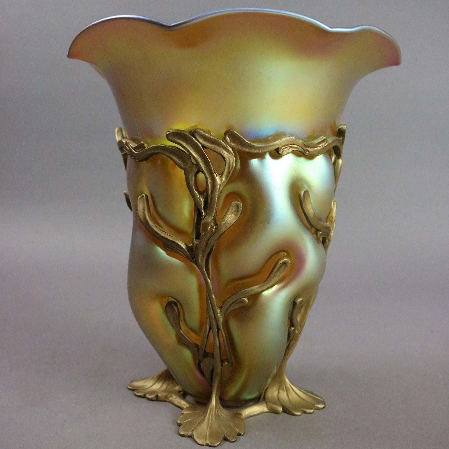 American Antique Art Nouveau Tiffany Favrile Art Glass & Bronze Vase, Signed, circa 1920