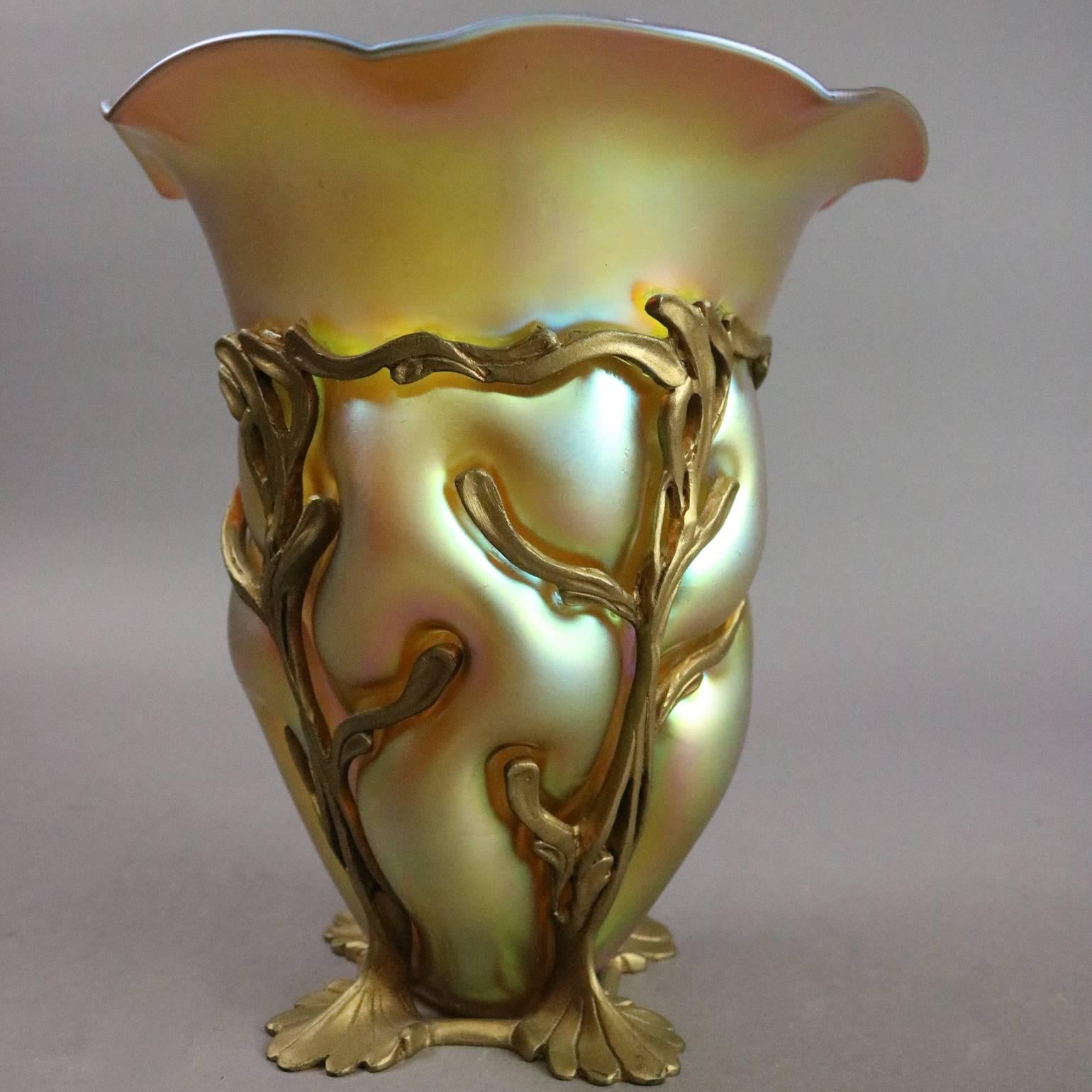 Cast Antique Art Nouveau Tiffany Favrile Art Glass & Bronze Vase, Signed, circa 1920